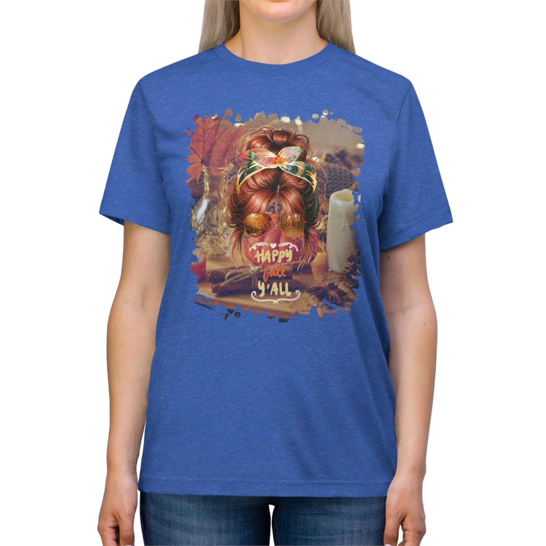 Happy Fall Y'all Fall Home, Red Hair Messy Bun, Unisex Triblend T - Shirt - Janlyn's Crafts