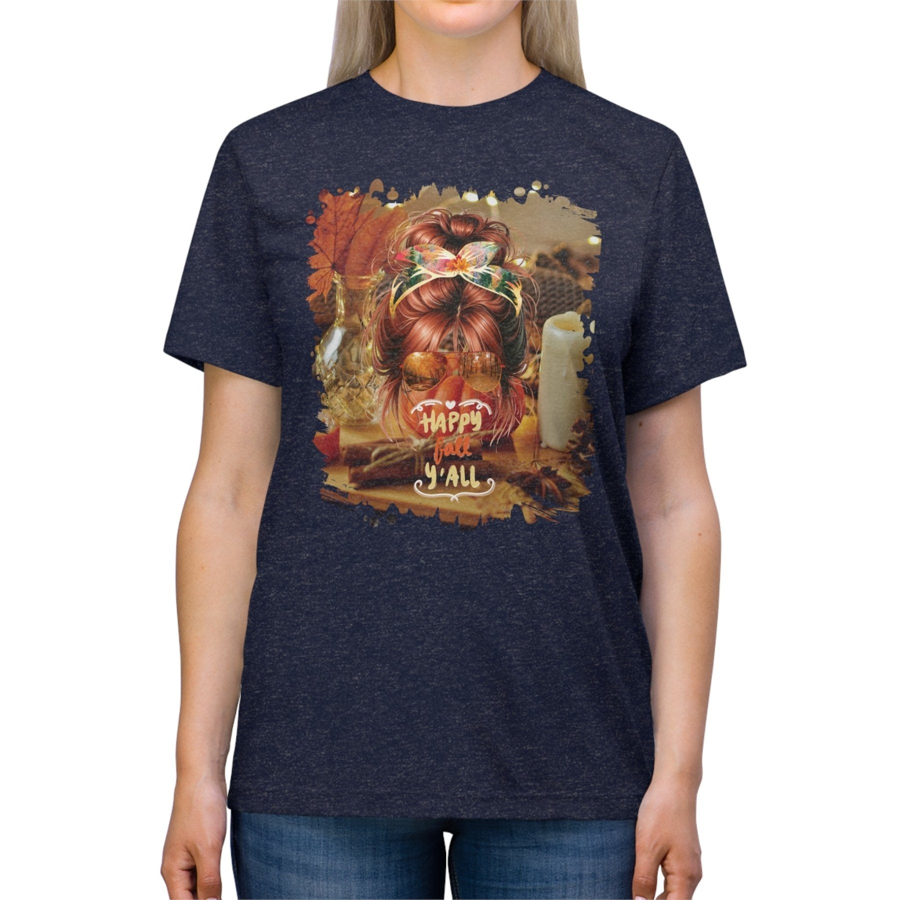 Happy Fall Y'all Fall Home, Red Hair Messy Bun, Unisex Triblend T - Shirt - Janlyn's Crafts