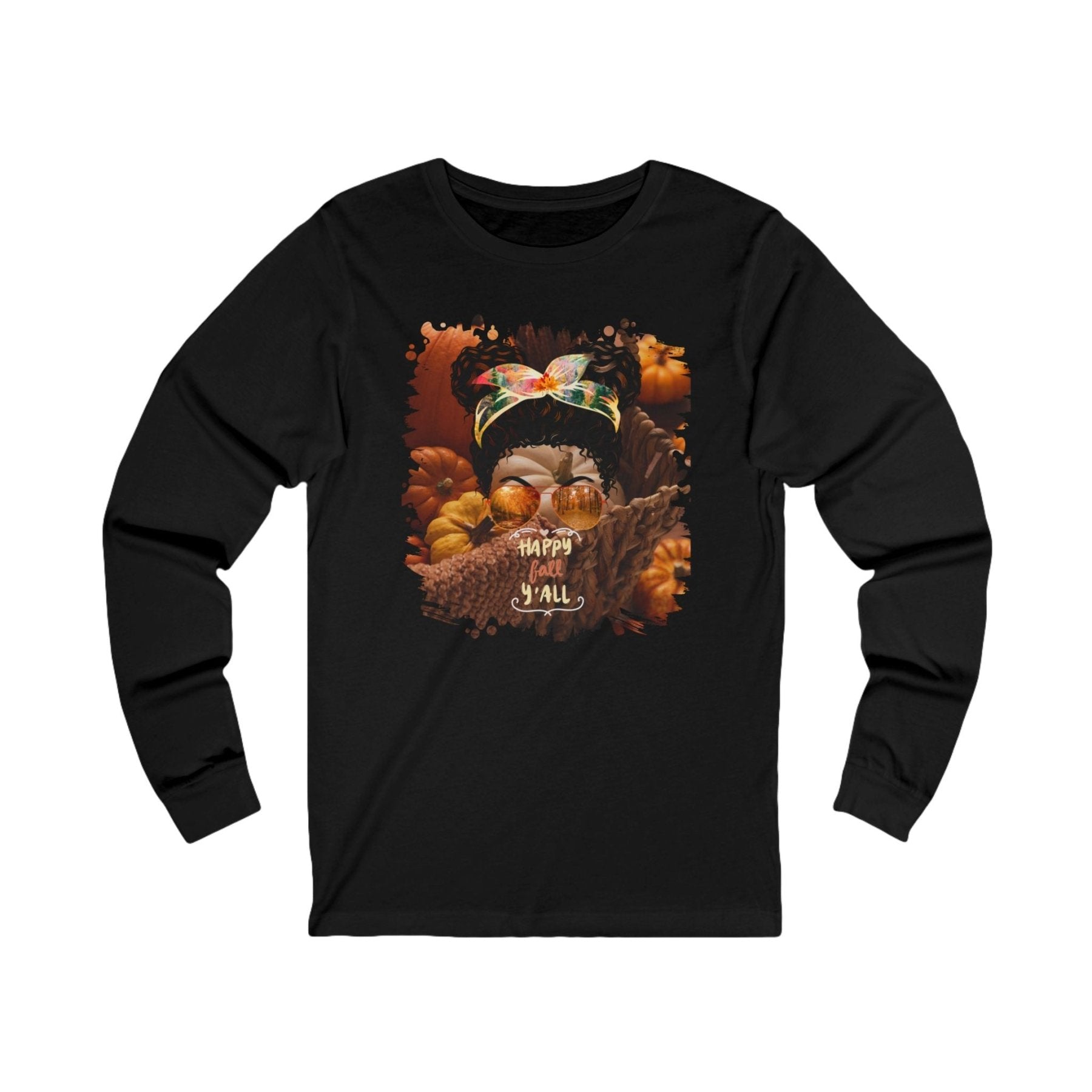 Happy Fall Y'all Fall Pumpkins, Black Hair Messy Bun, Unisex Jersey Long Sleeve Tee - Janlyn's Crafts