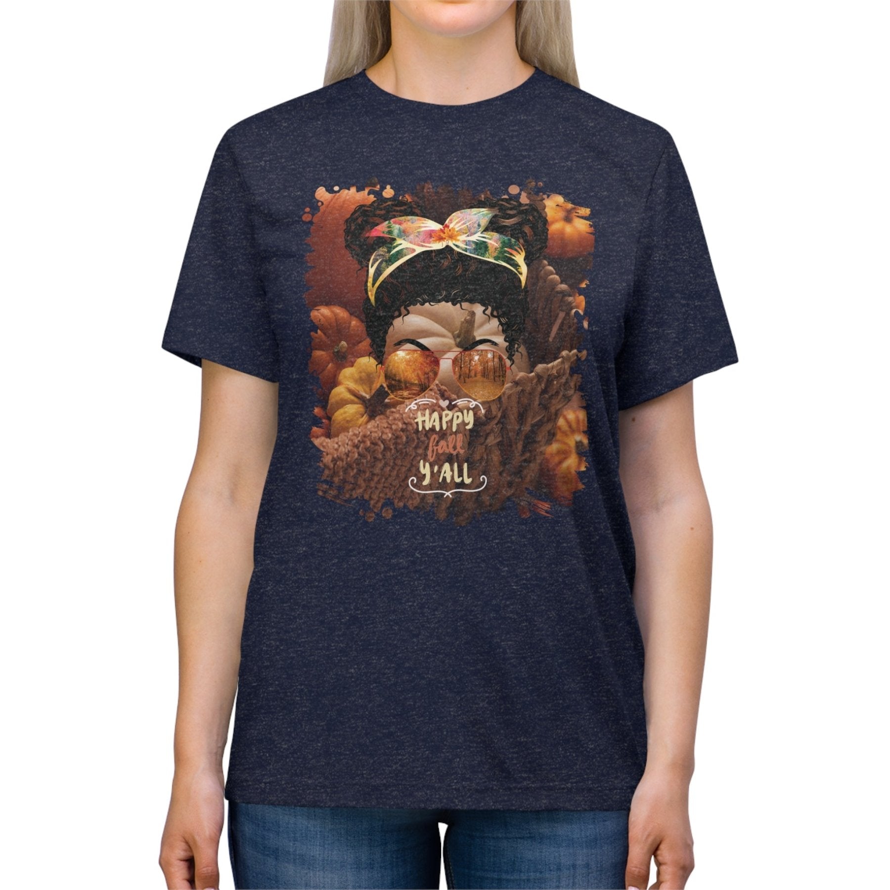 Happy Fall Y'all Fall Pumpkins, Black Hair Messy Bun, Unisex Triblend T - Shirt - Janlyn's Crafts