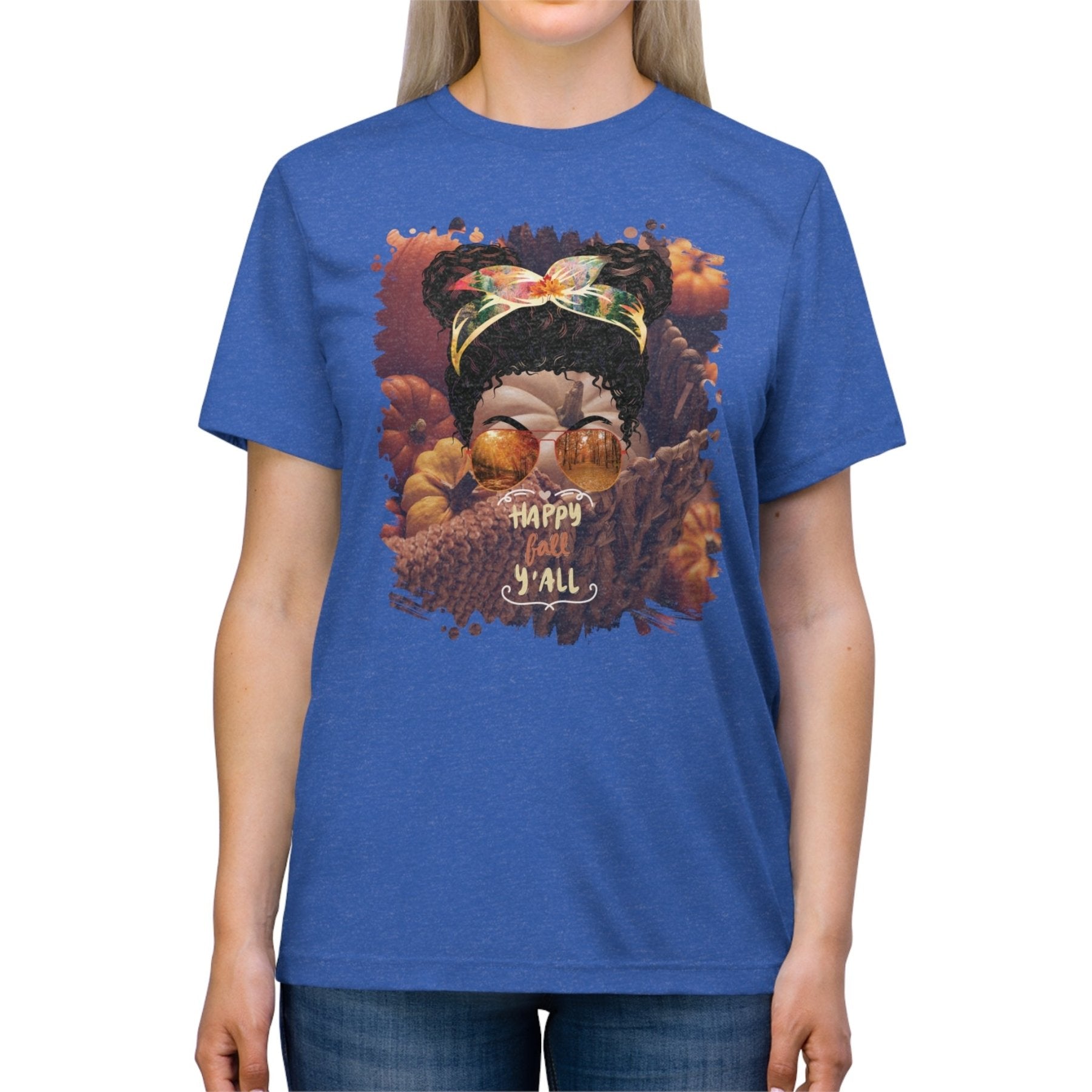 Happy Fall Y'all Fall Pumpkins, Black Hair Messy Bun, Unisex Triblend T - Shirt - Janlyn's Crafts