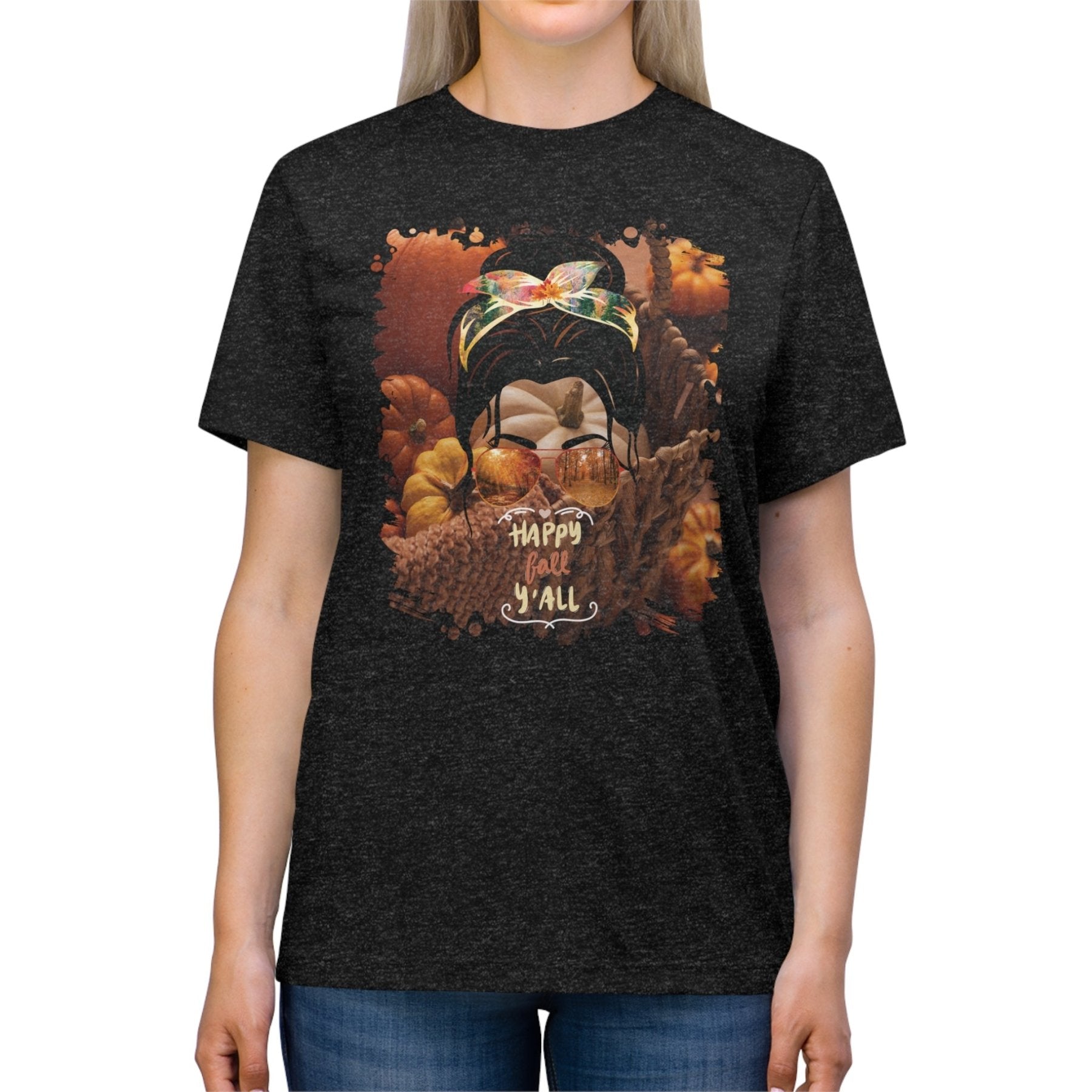 Happy Fall Y'all Fall Pumpkins, Dark Hair Messy Bun, Unisex Triblend T - Shirt - Janlyn's Crafts