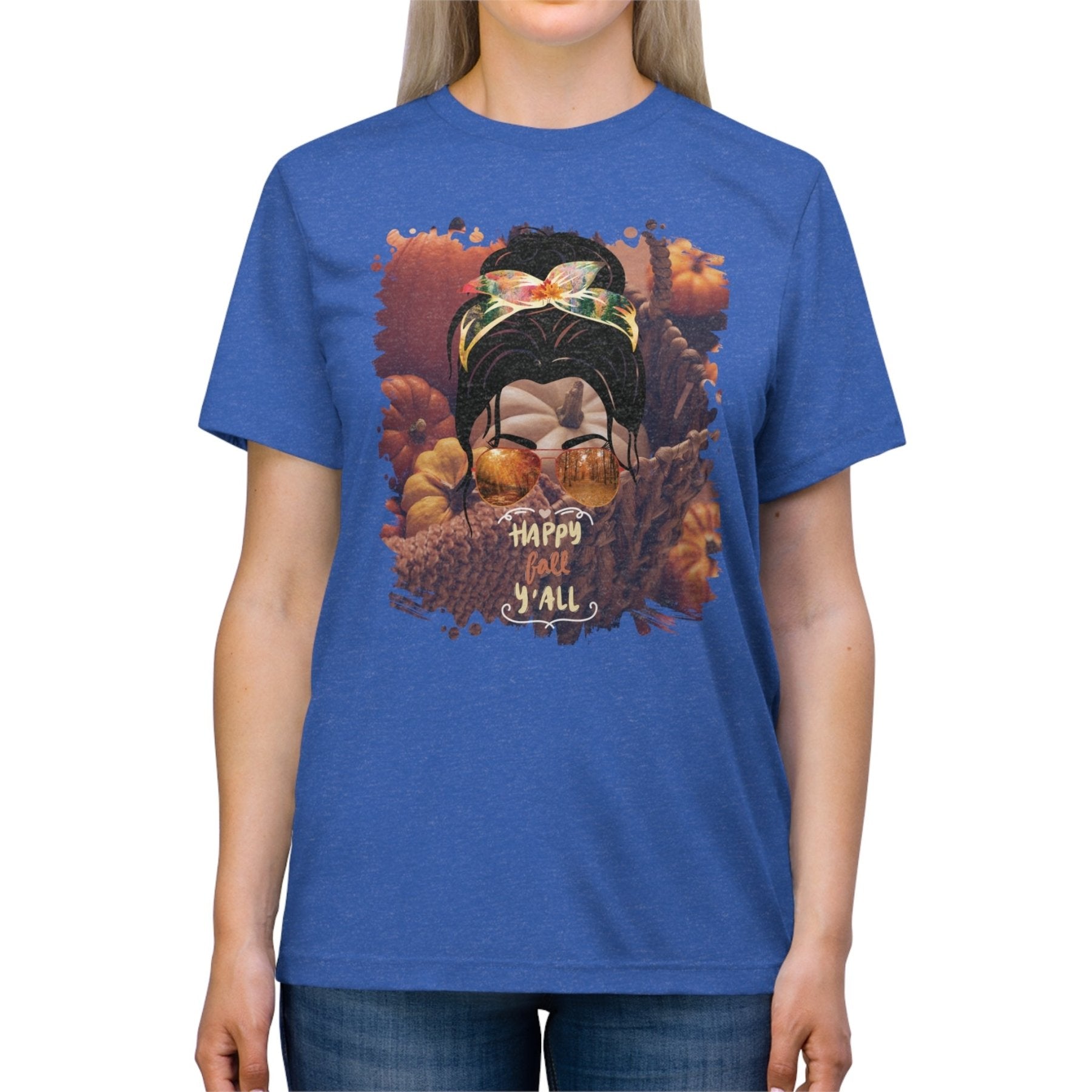 Happy Fall Y'all Fall Pumpkins, Dark Hair Messy Bun, Unisex Triblend T - Shirt - Janlyn's Crafts