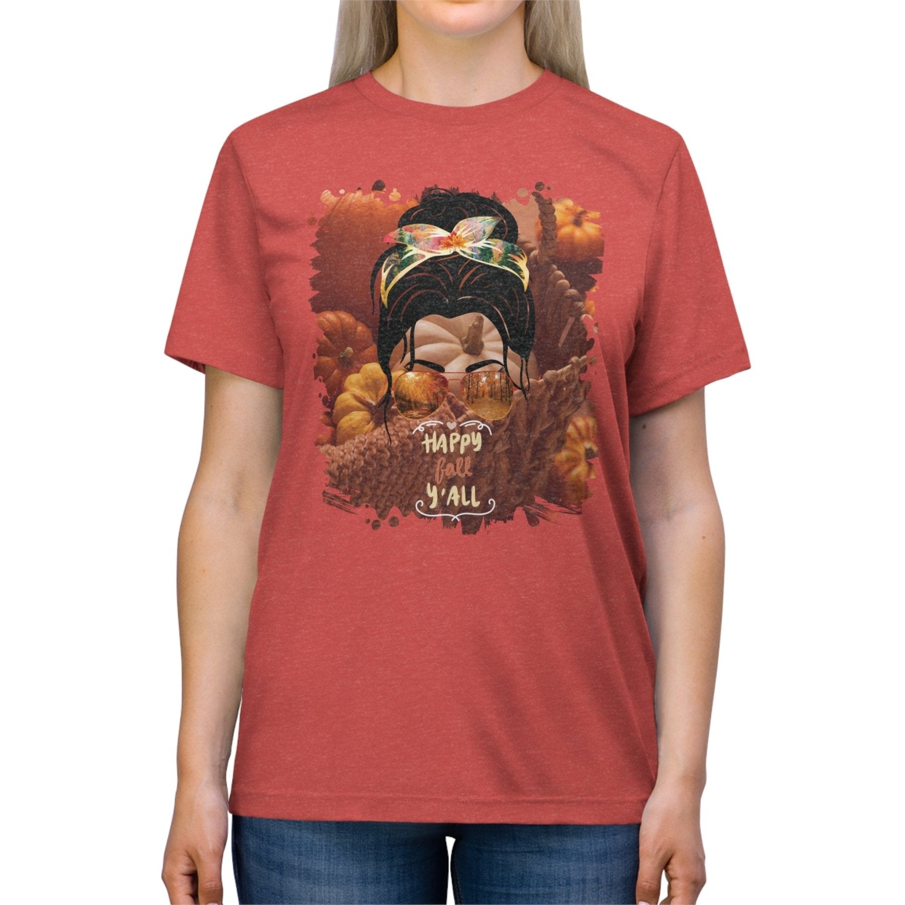 Happy Fall Y'all Fall Pumpkins, Dark Hair Messy Bun, Unisex Triblend T - Shirt - Janlyn's Crafts
