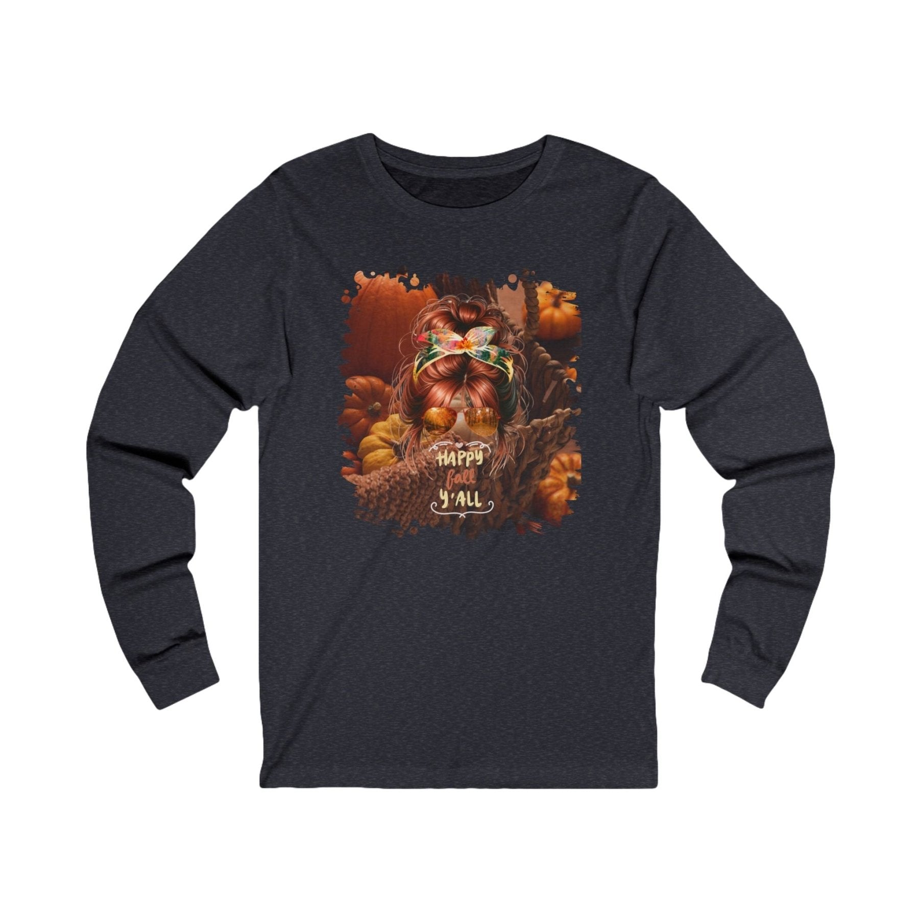 Happy Fall Y'all Fall Pumpkins, Red Hair Messy Bun, Unisex Jersey Long Sleeve Tee - Janlyn's Crafts