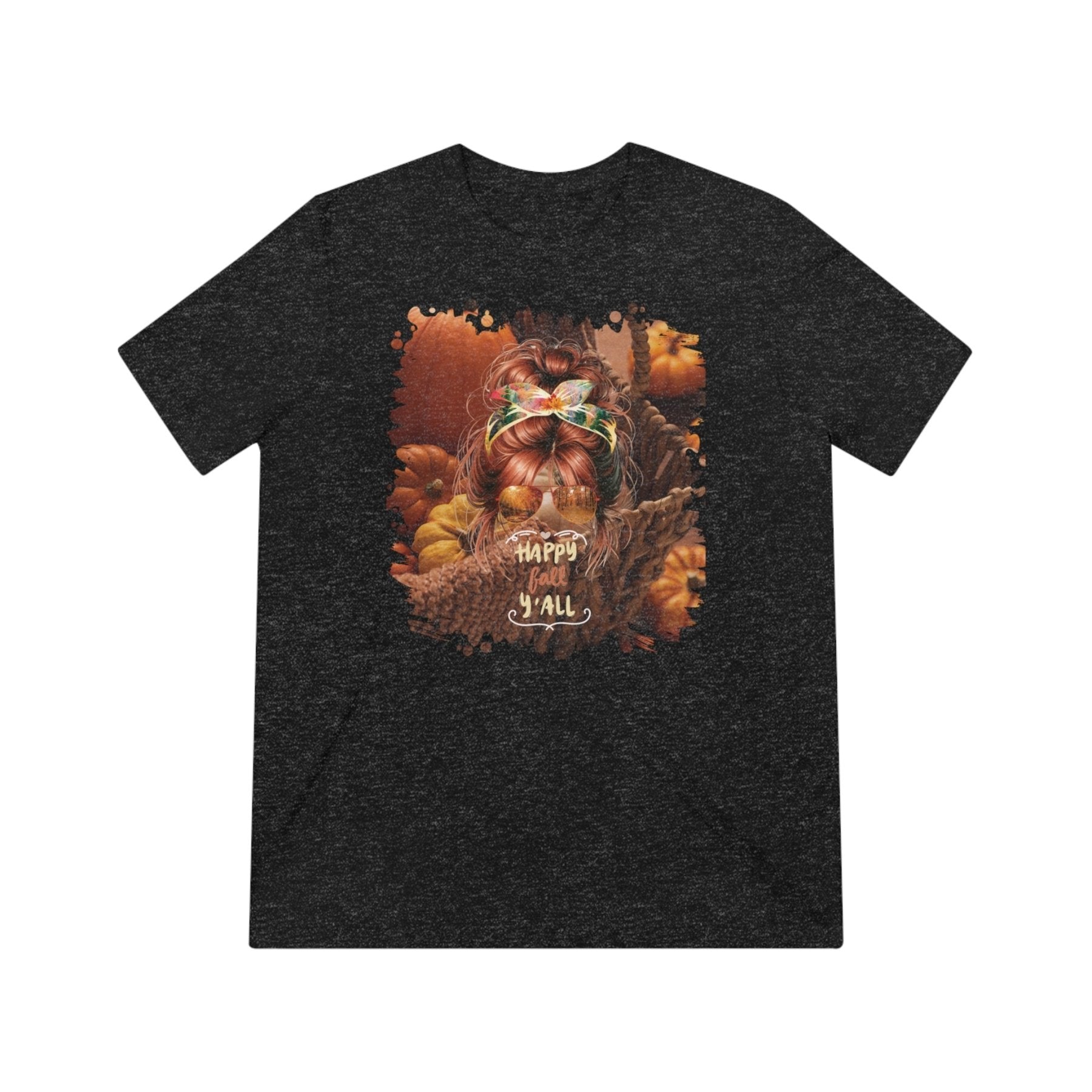 Happy Fall Y'all Fall Pumpkins, Red Hair Messy Bun, Unisex Triblend T - Shirt - Janlyn's Crafts