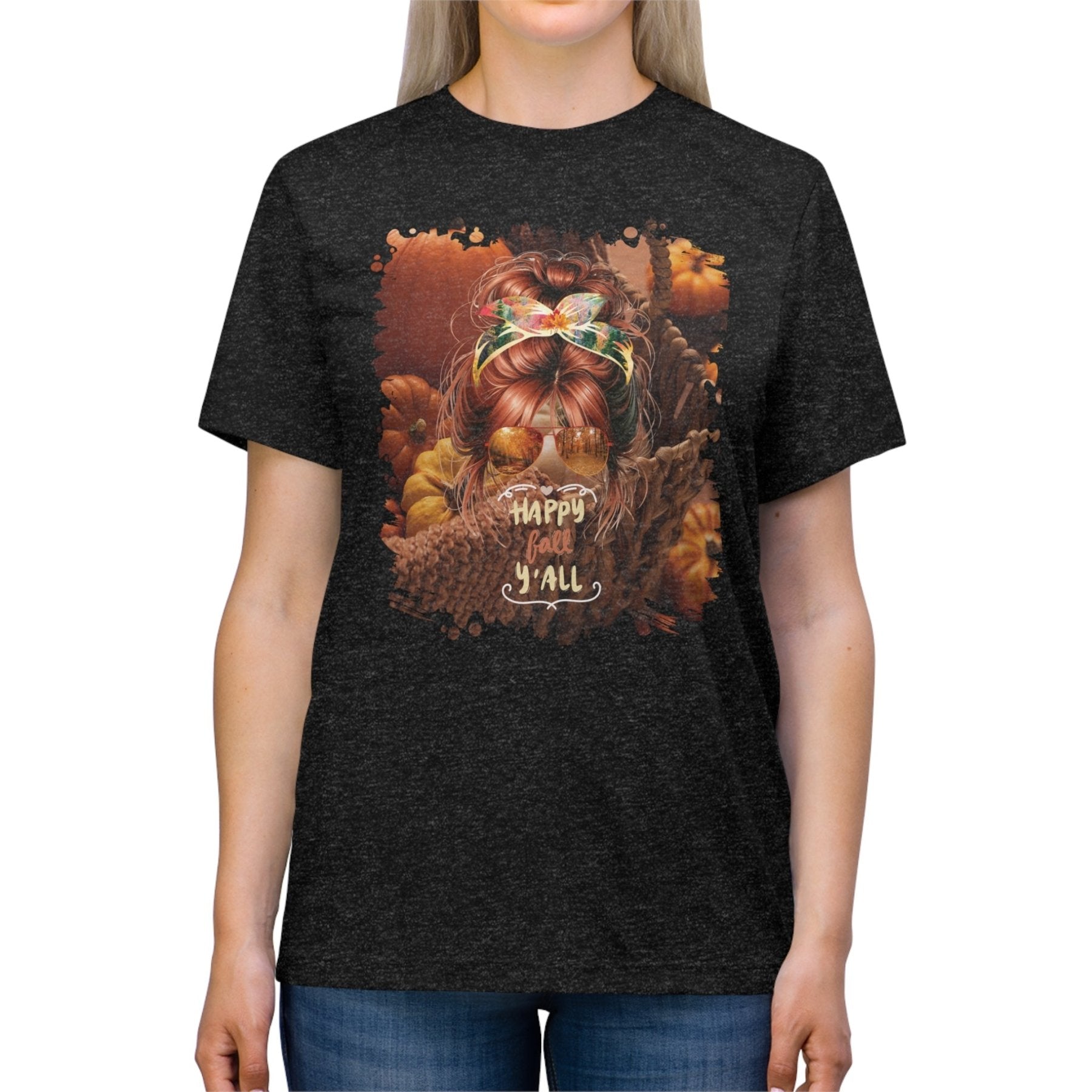 Happy Fall Y'all Fall Pumpkins, Red Hair Messy Bun, Unisex Triblend T - Shirt - Janlyn's Crafts