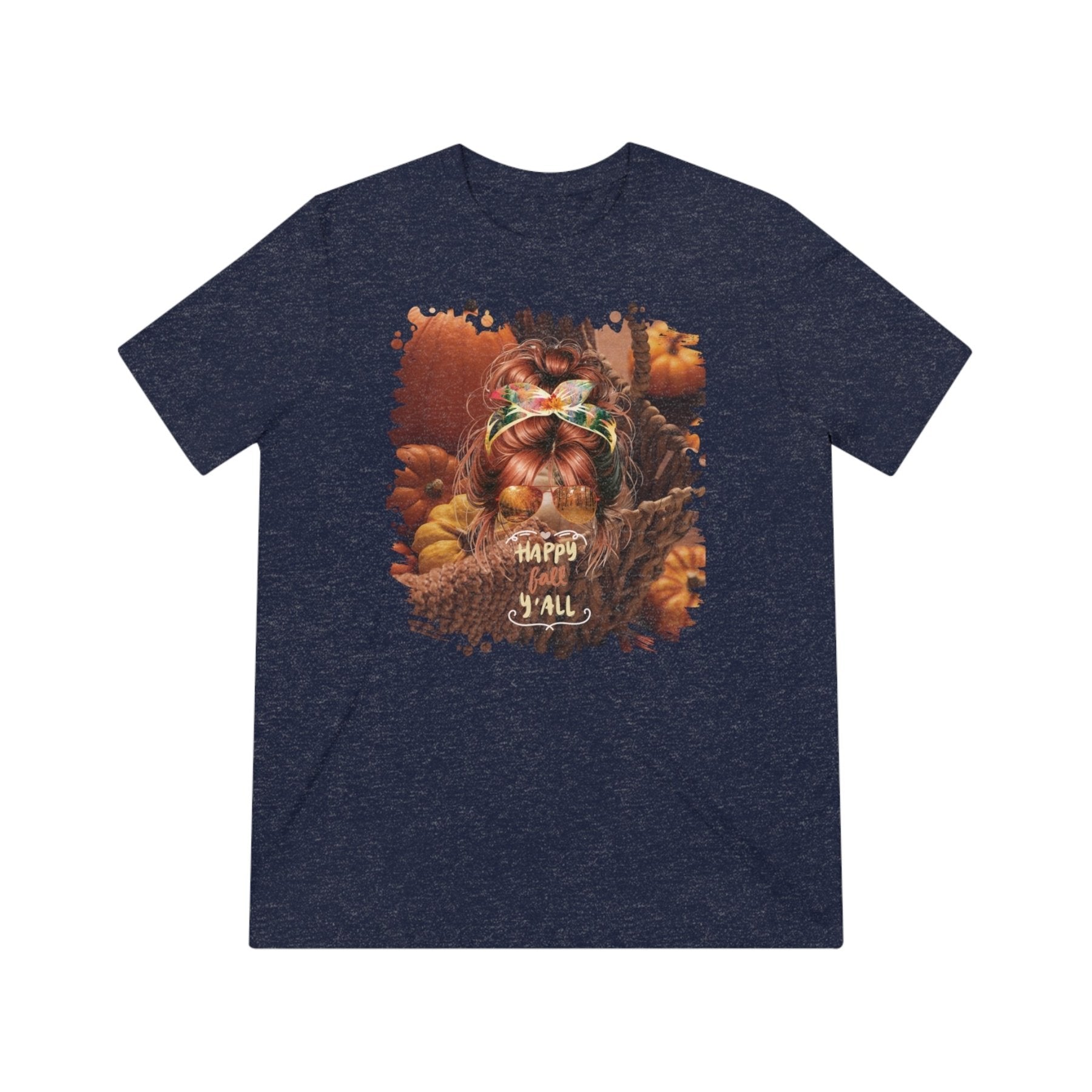 Happy Fall Y'all Fall Pumpkins, Red Hair Messy Bun, Unisex Triblend T - Shirt - Janlyn's Crafts