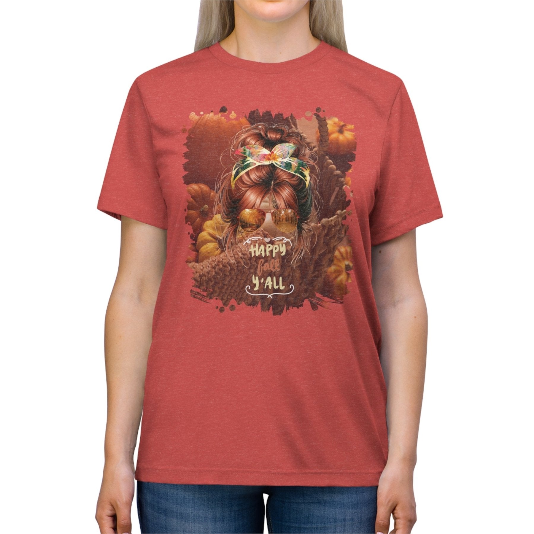 Happy Fall Y'all Fall Pumpkins, Red Hair Messy Bun, Unisex Triblend T - Shirt - Janlyn's Crafts