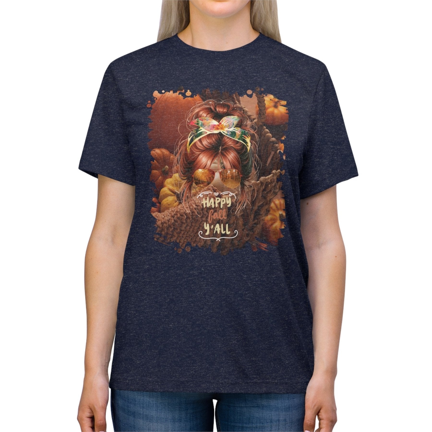 Happy Fall Y'all Fall Pumpkins, Red Hair Messy Bun, Unisex Triblend T - Shirt - Janlyn's Crafts