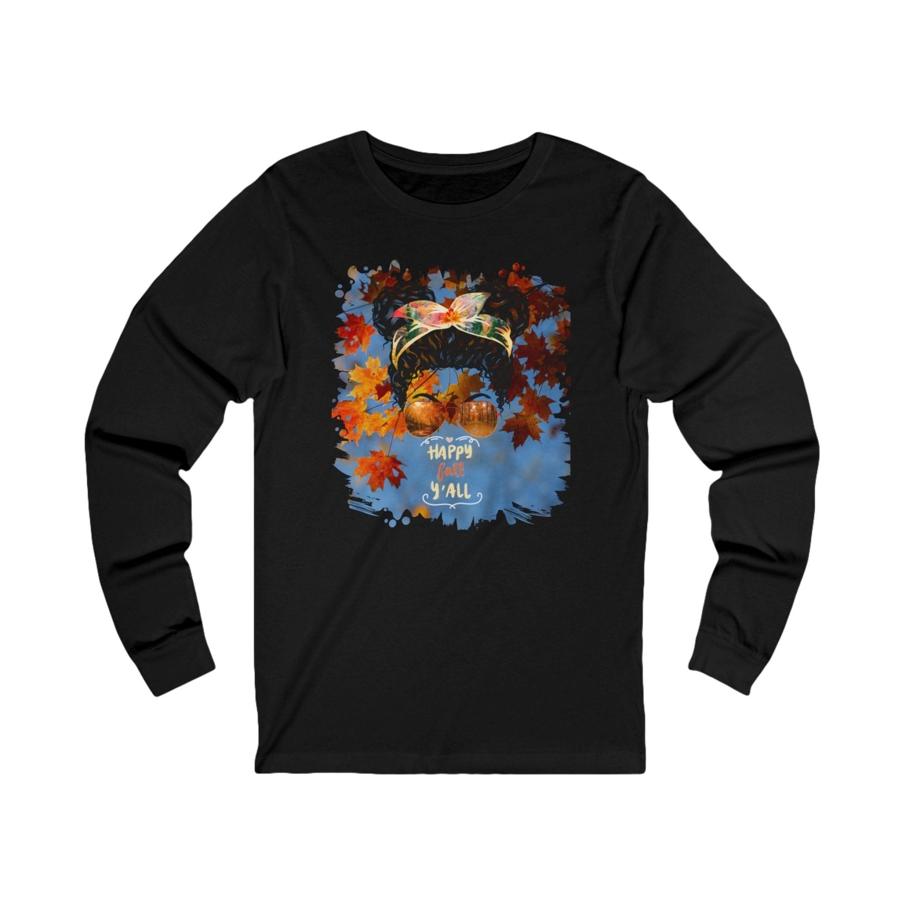 Happy Fall Y'all Fall Sky, Black Hair Messy Bun, Unisex Jersey Long Sleeve Tee - Janlyn's Crafts