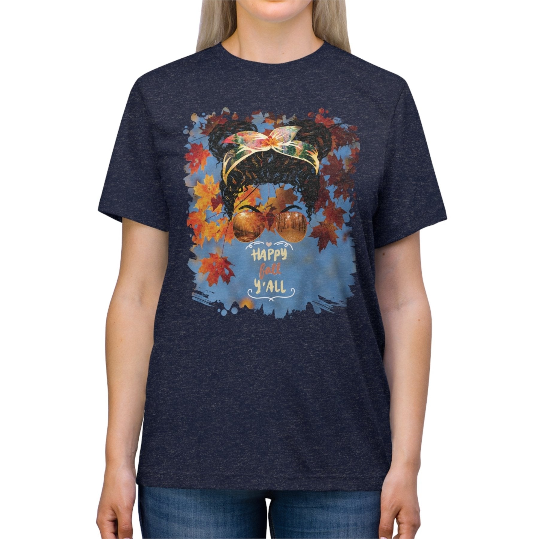 Happy Fall Y'all Fall Sky, Black Hair Messy Bun, Unisex Triblend T - Shirt - Janlyn's Crafts