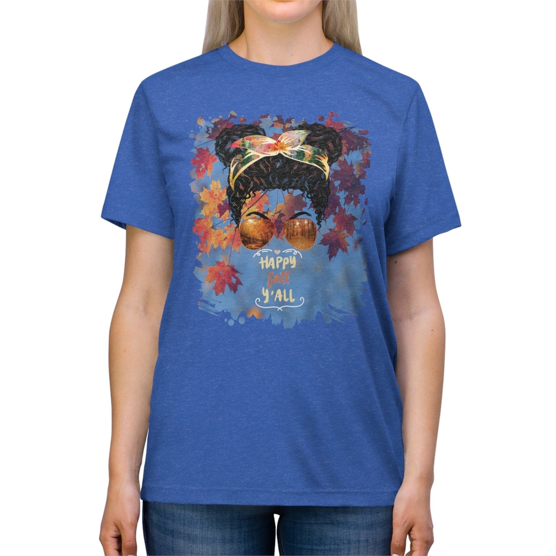 Happy Fall Y'all Fall Sky, Black Hair Messy Bun, Unisex Triblend T - Shirt - Janlyn's Crafts