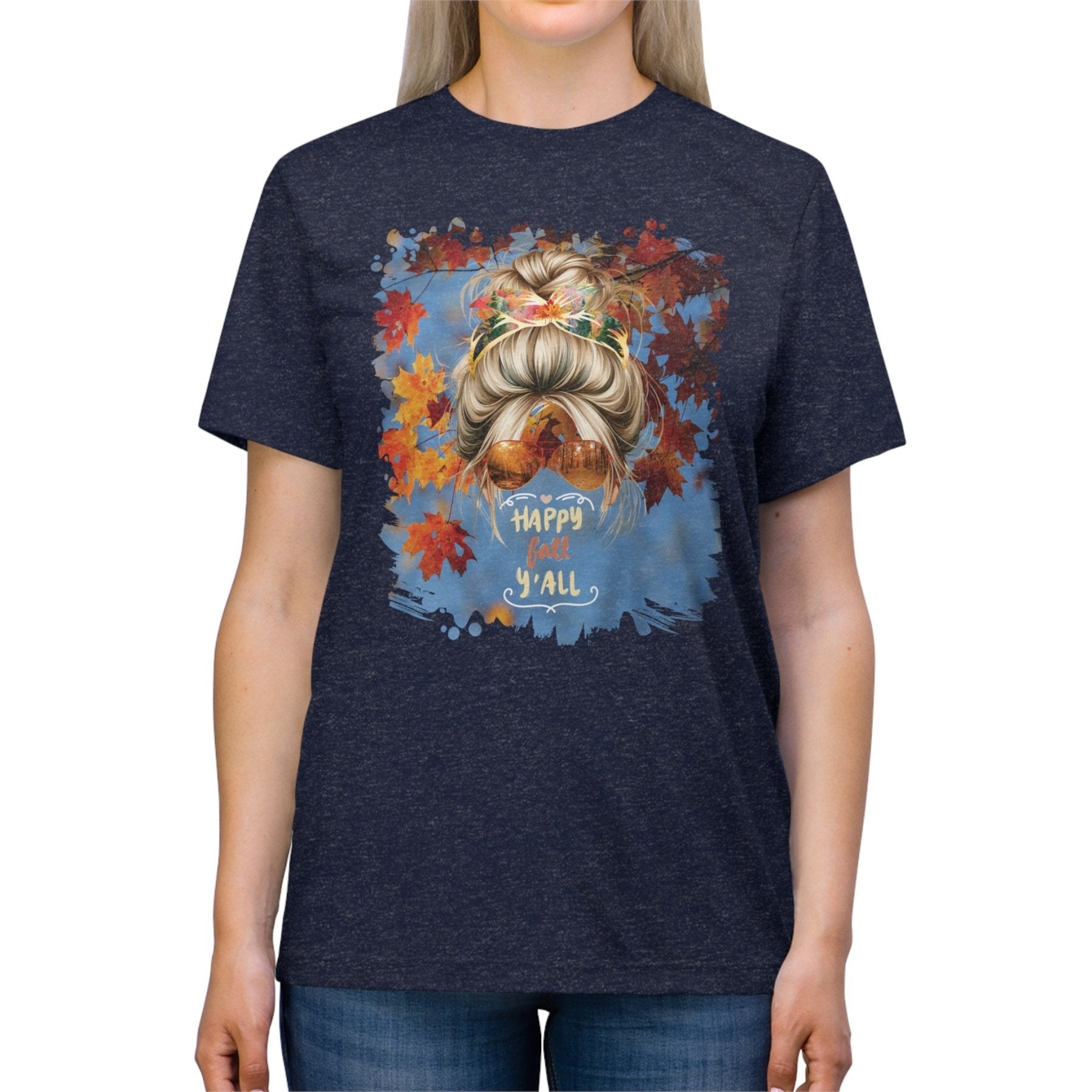 Happy Fall Y'all Fall Sky, Blond Hair Messy Bun, Unisex Triblend T - Shirt - Janlyn's Crafts