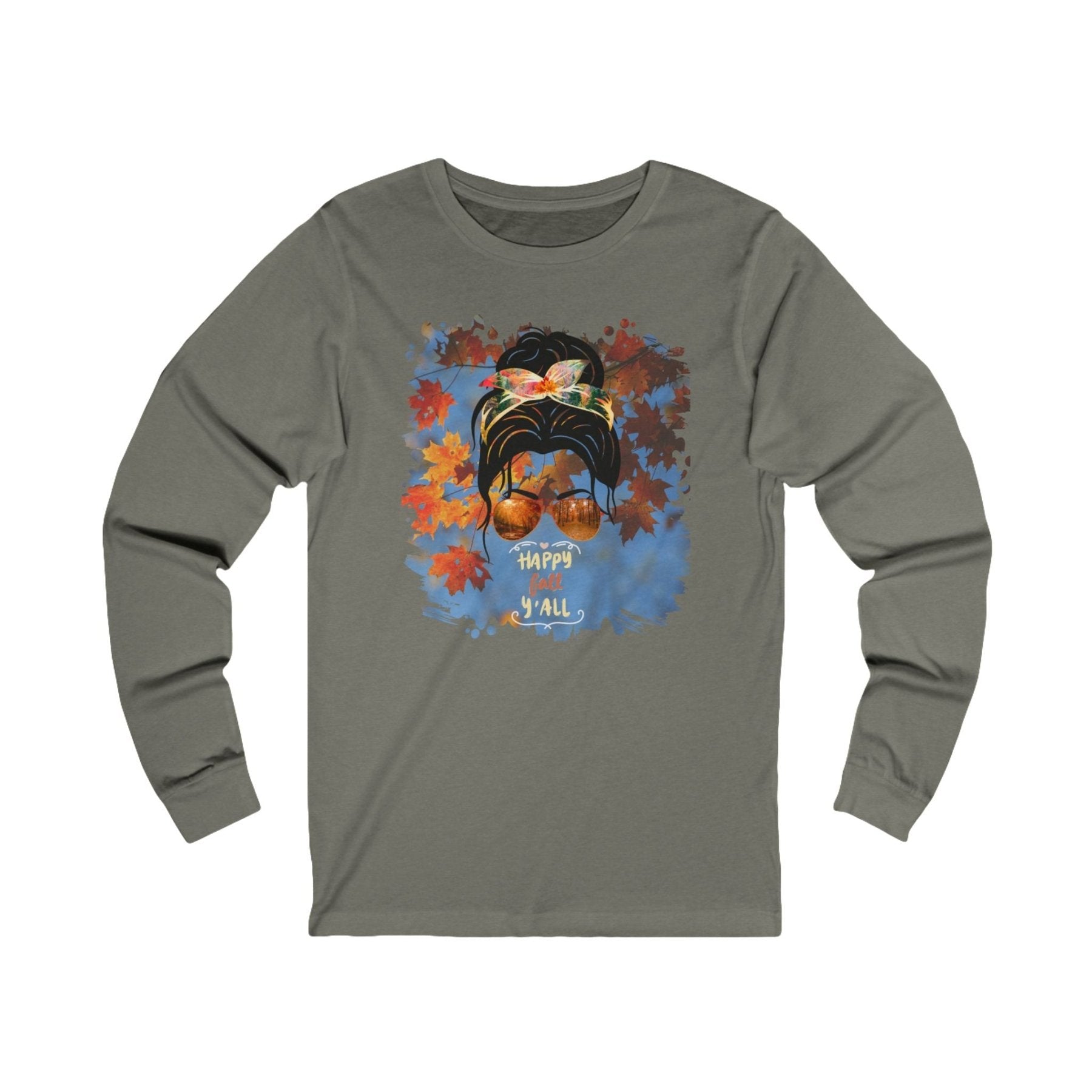 Happy Fall Y'all Fall Sky, Dark Hair Messy Bun, Unisex Jersey Long Sleeve Tee - Janlyn's Crafts