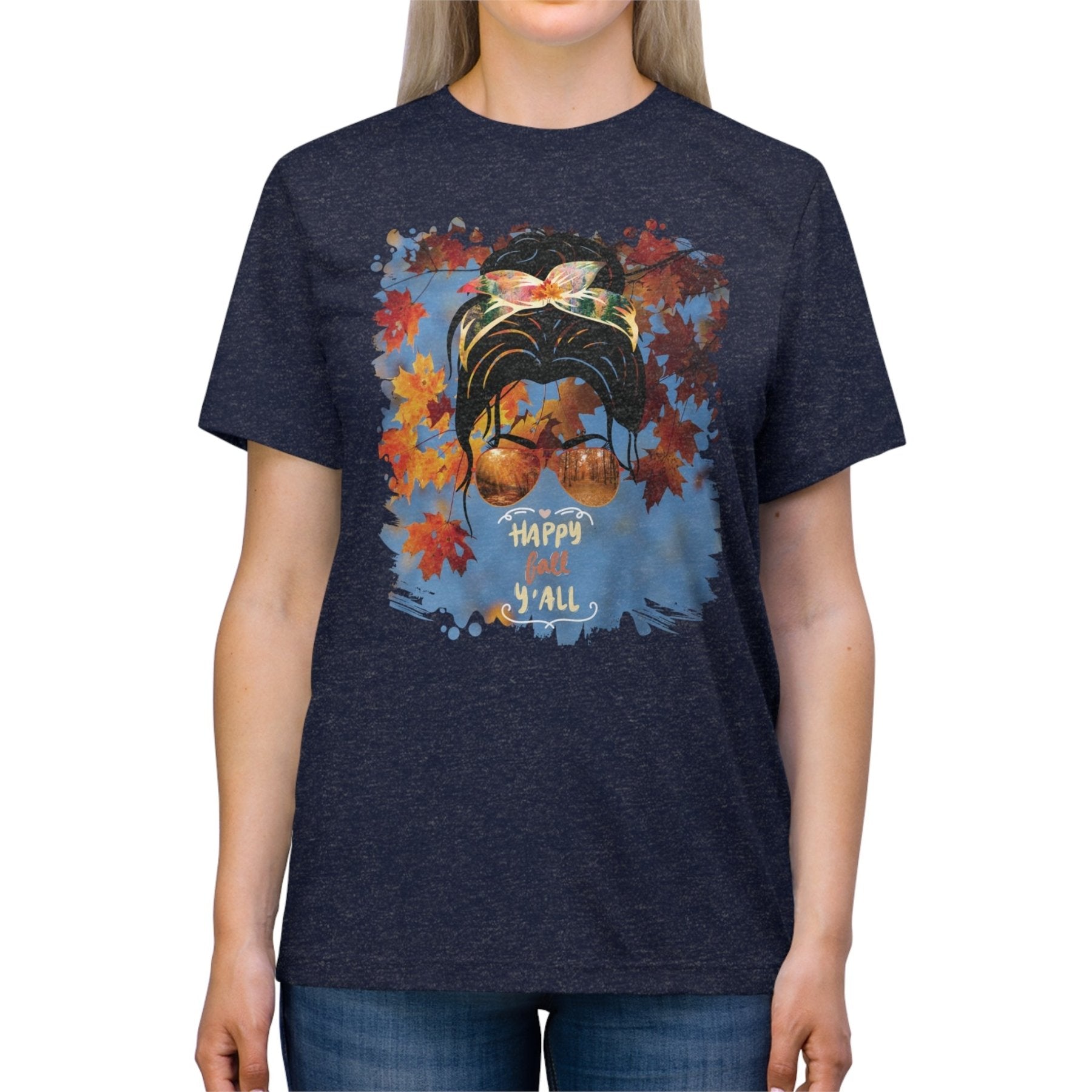 Happy Fall Y'all Fall Sky, Dark Hair Messy Bun, Unisex Triblend T - Shirt - Janlyn's Crafts