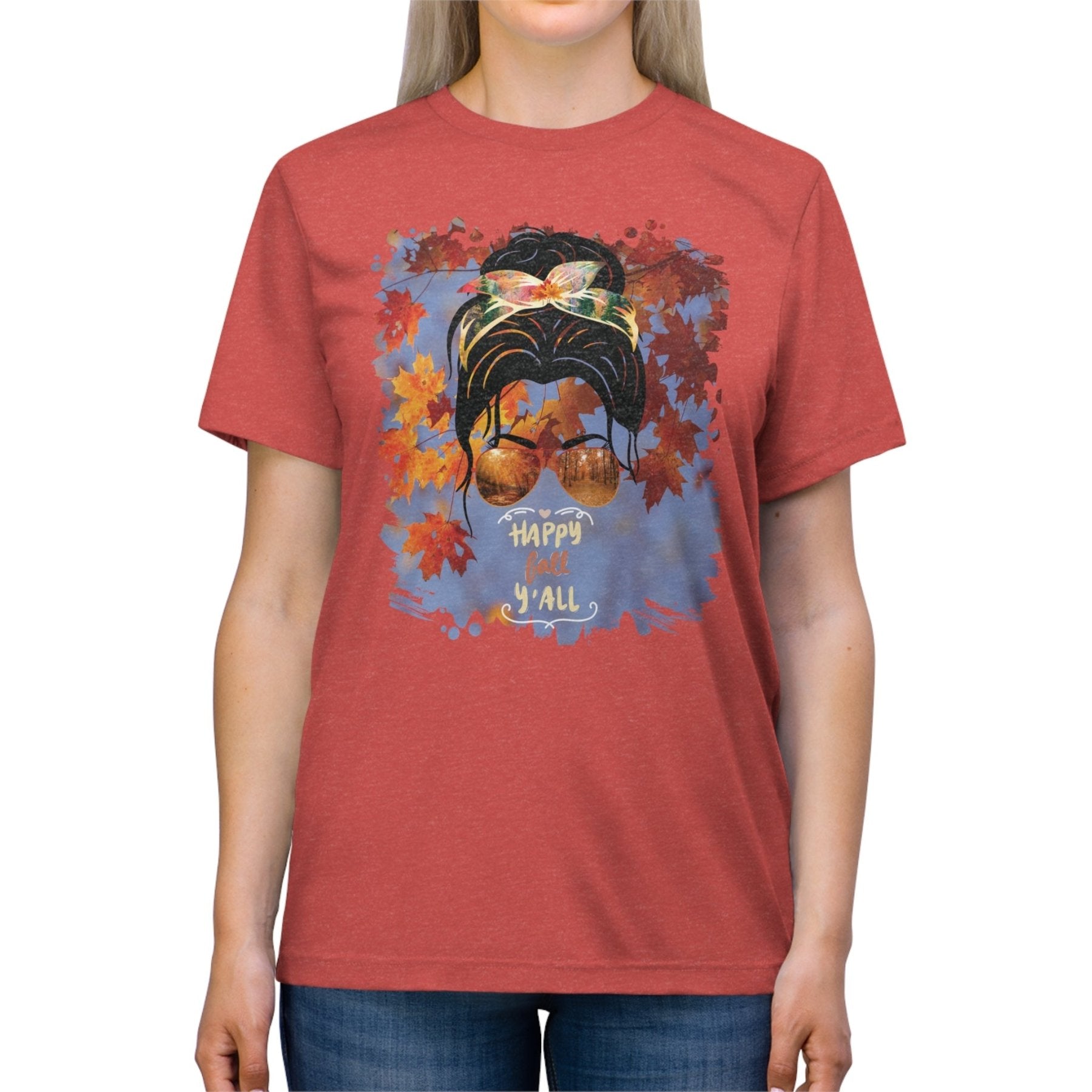 Happy Fall Y'all Fall Sky, Dark Hair Messy Bun, Unisex Triblend T - Shirt - Janlyn's Crafts