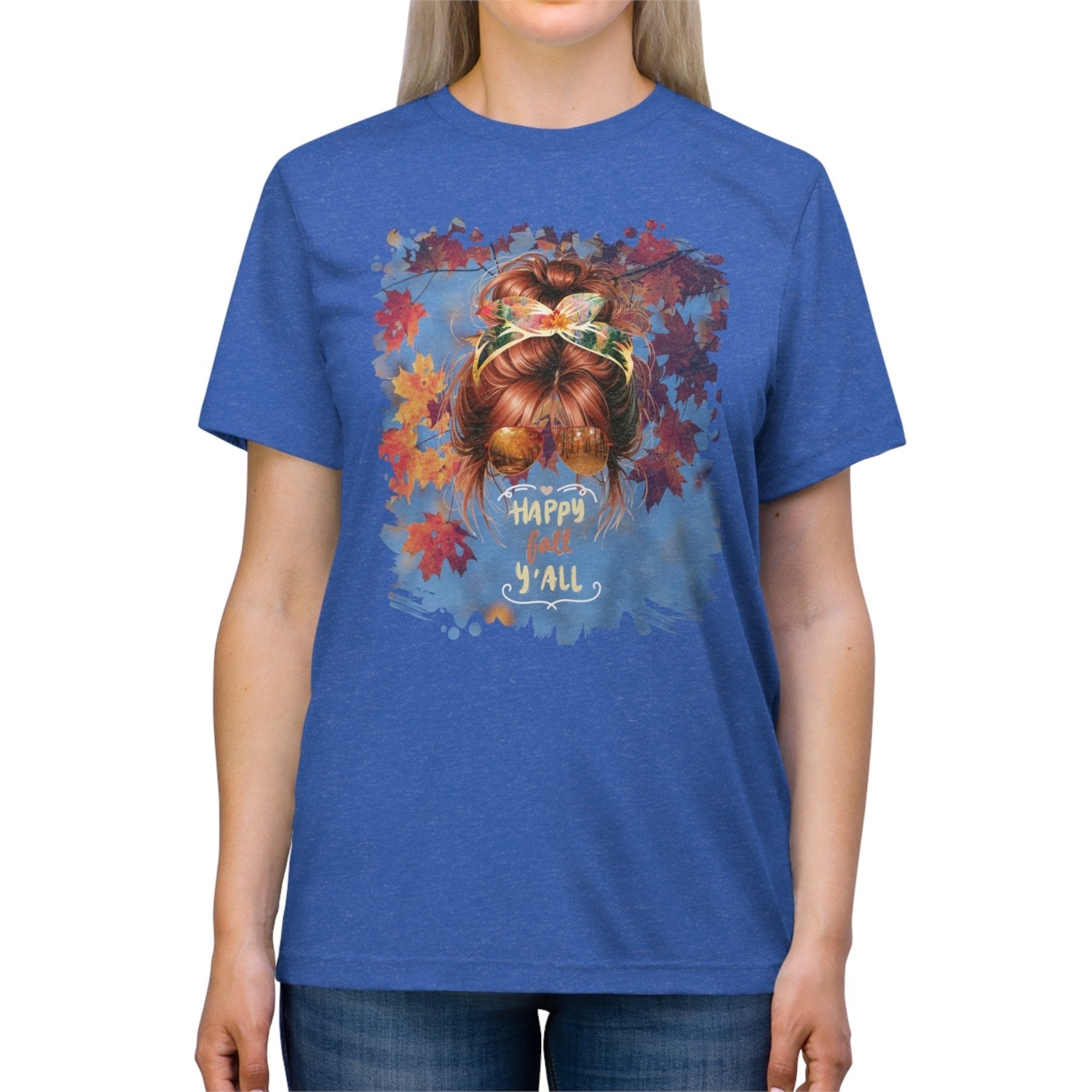 Happy Fall Y'all Fall Sky, Red Hair Messy Bun, Unisex Triblend T - Shirt - Janlyn's Crafts