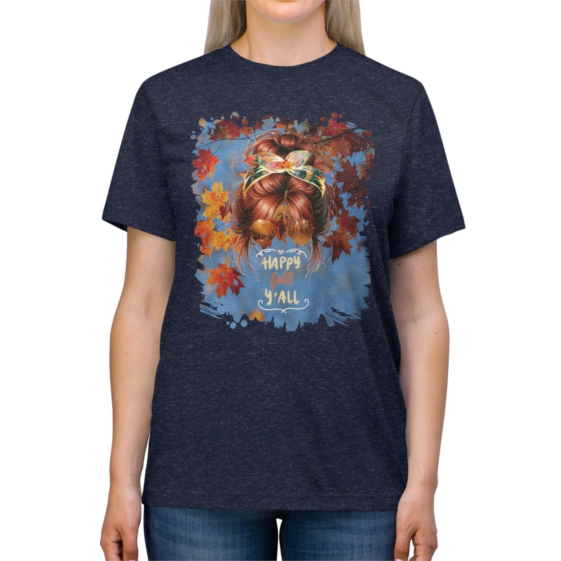 Happy Fall Y'all Fall Sky, Red Hair Messy Bun, Unisex Triblend T - Shirt - Janlyn's Crafts