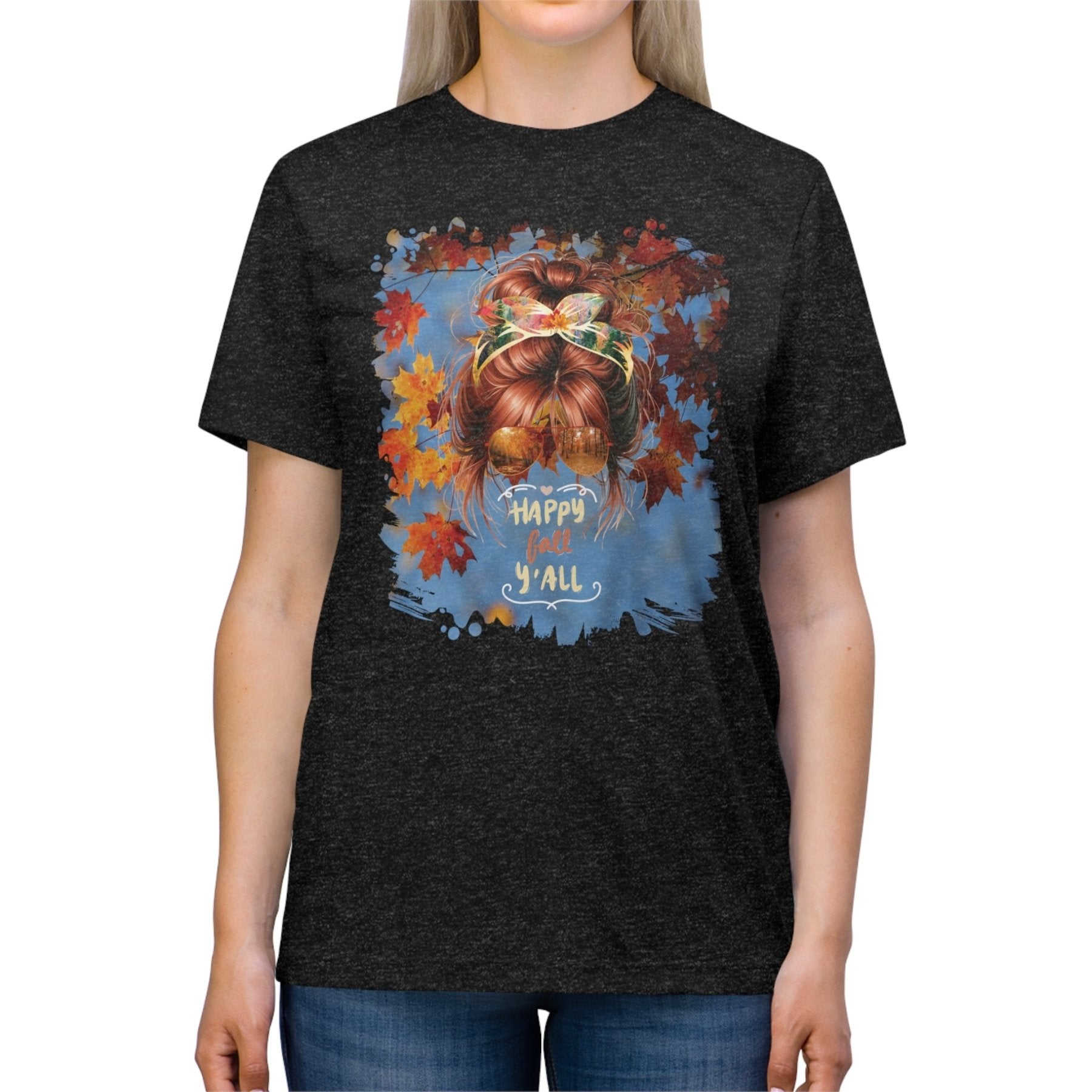 Happy Fall Y'all Fall Sky, Red Hair Messy Bun, Unisex Triblend T - Shirt - Janlyn's Crafts