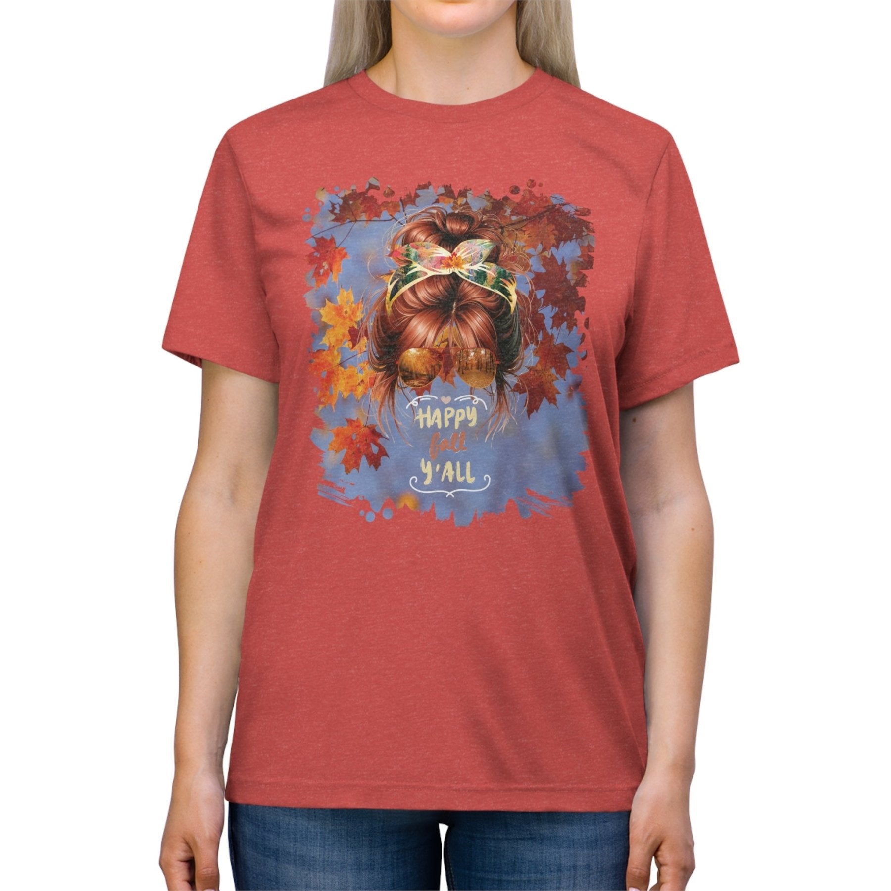 Happy Fall Y'all Fall Sky, Red Hair Messy Bun, Unisex Triblend T - Shirt - Janlyn's Crafts