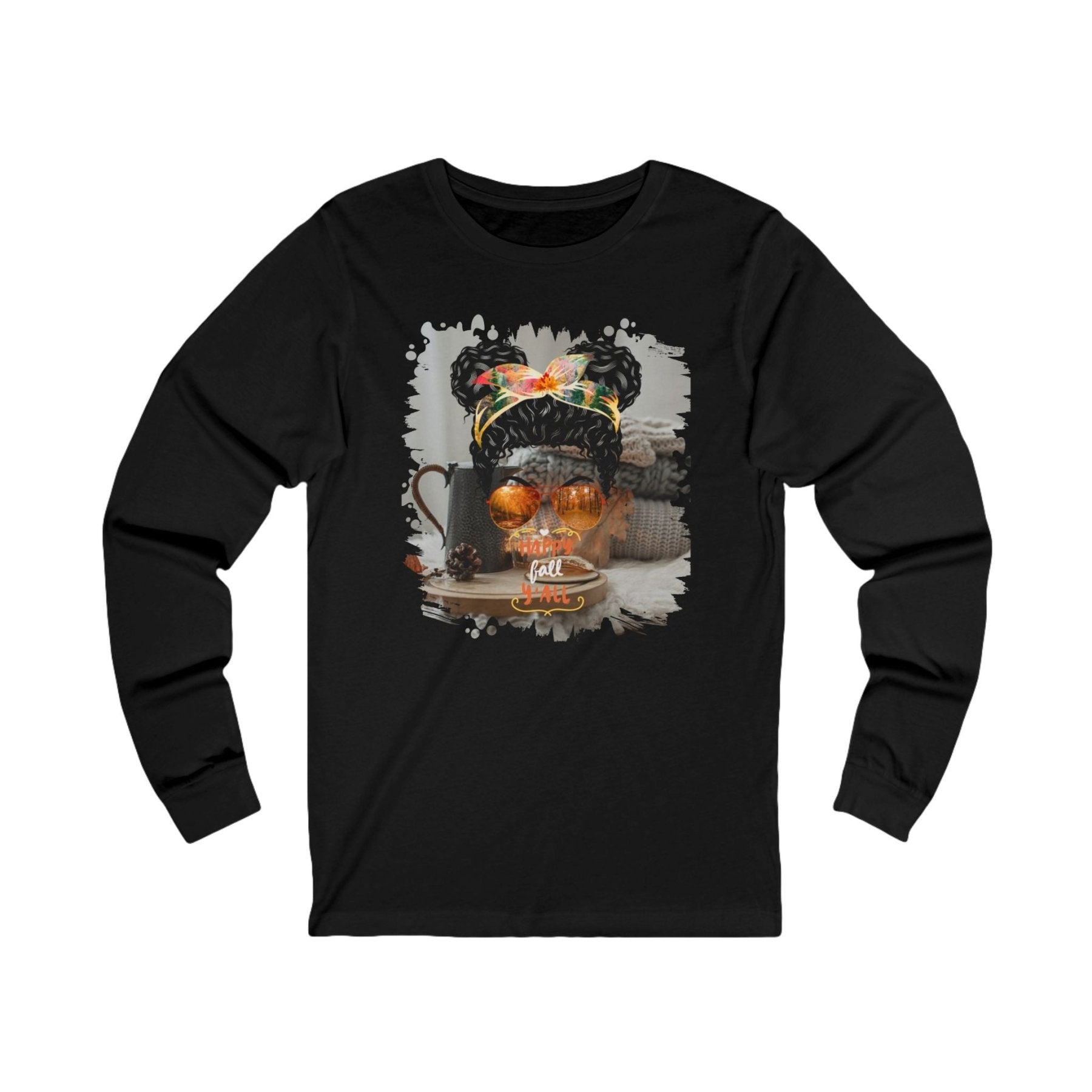 Happy Fall Y'all Fall Sweater, Black Hair Messy Bun, Unisex Jersey Long Sleeve Tee - Janlyn's Crafts