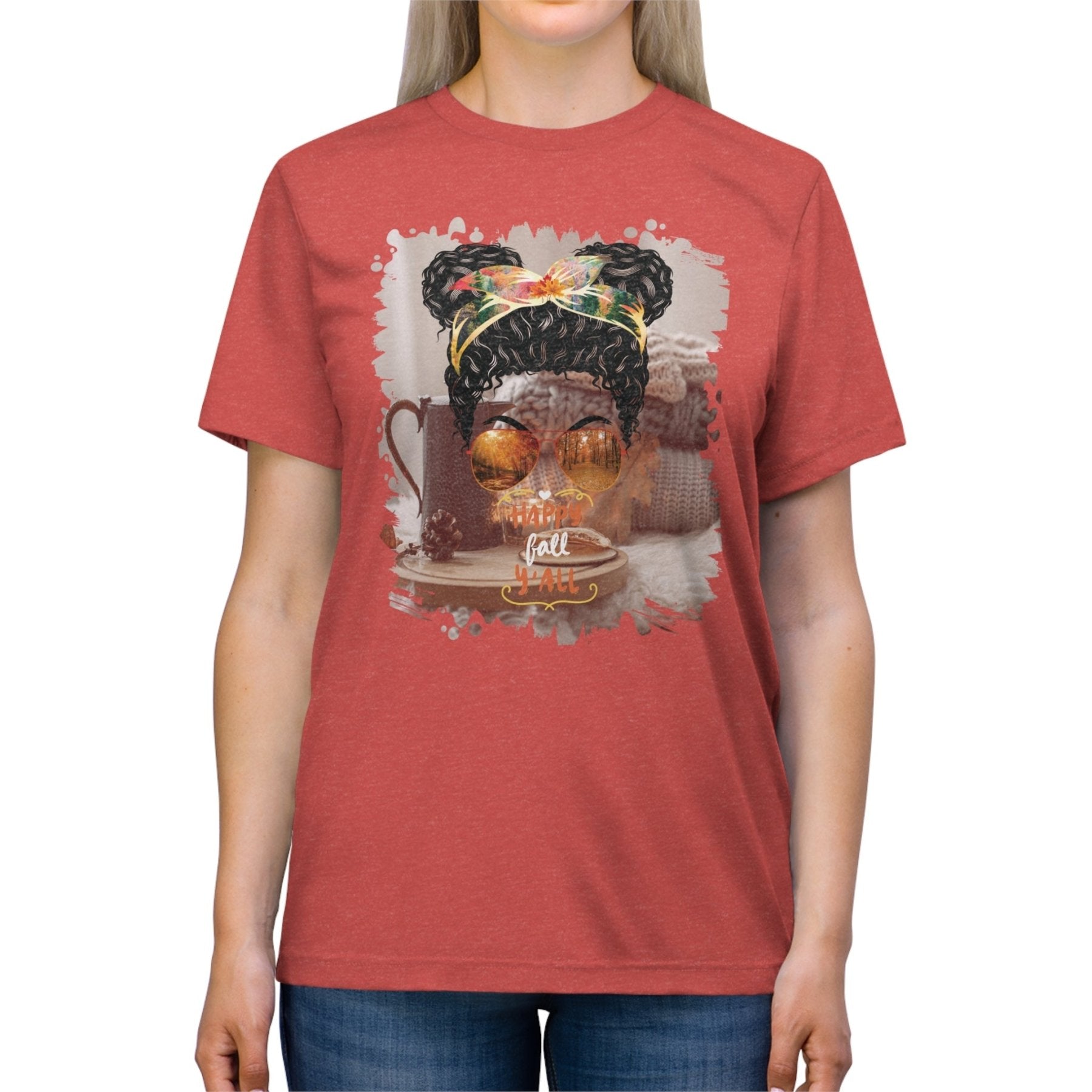 Happy Fall Y'all Fall Sweater, Black Hair Messy Bun, Unisex Triblend T - Shirt - Janlyn's Crafts