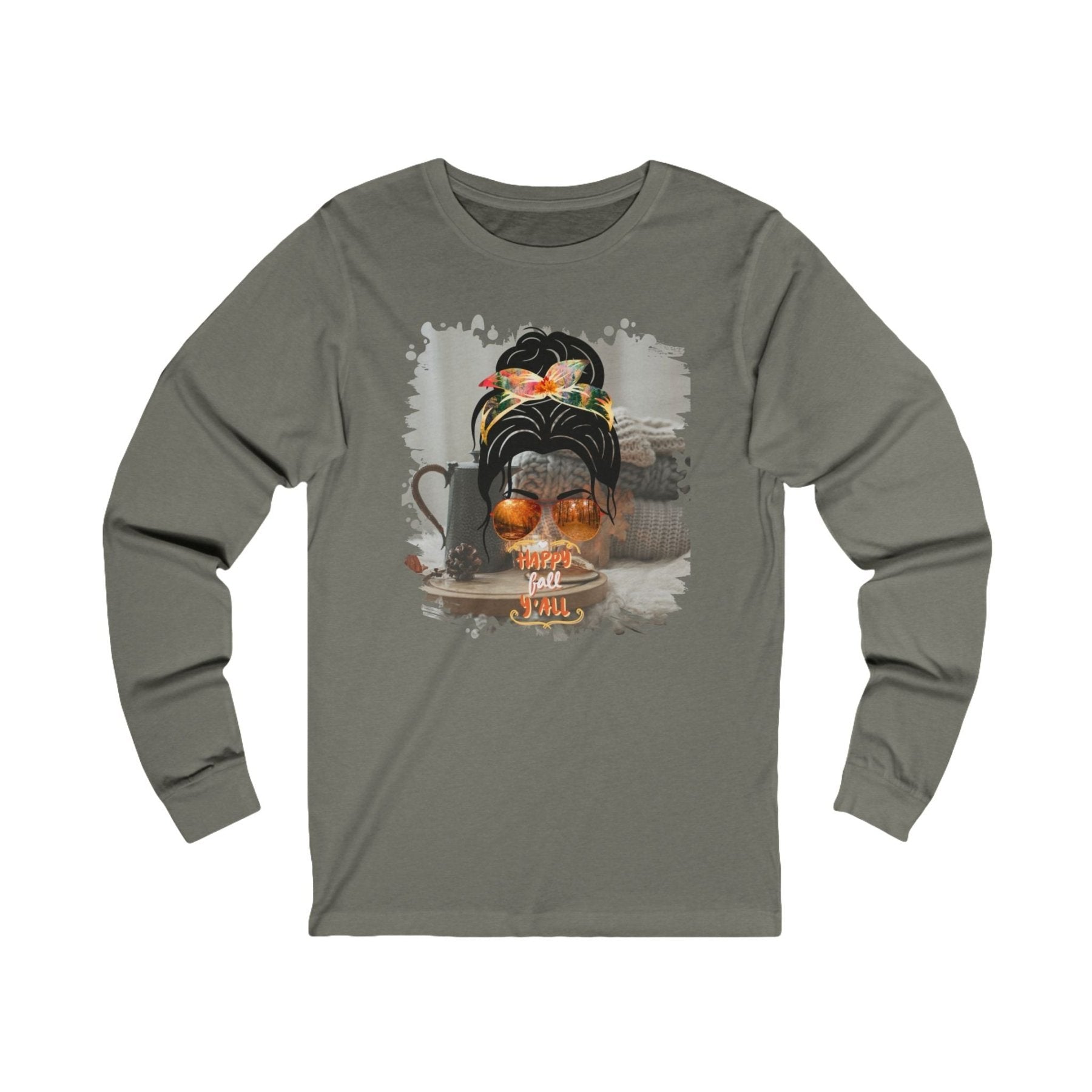 Happy Fall Y'all Fall Sweater, Dark Hair Messy Bun, Unisex Jersey Long Sleeve Tee - Janlyn's Crafts