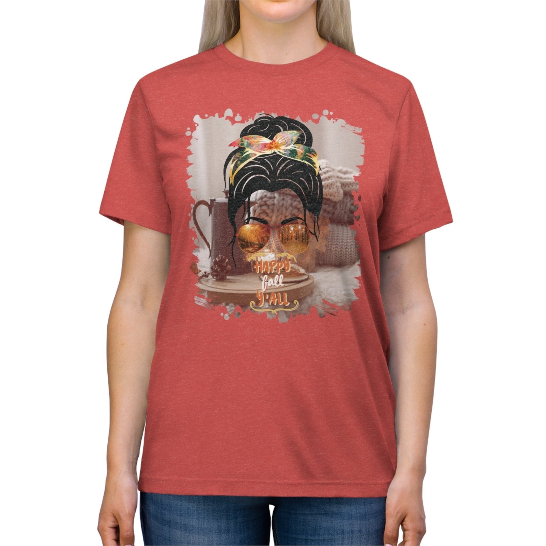 Happy Fall Y'all Fall Sweater, Dark Hair Messy Bun, Unisex Triblend T - Shirt - Janlyn's Crafts