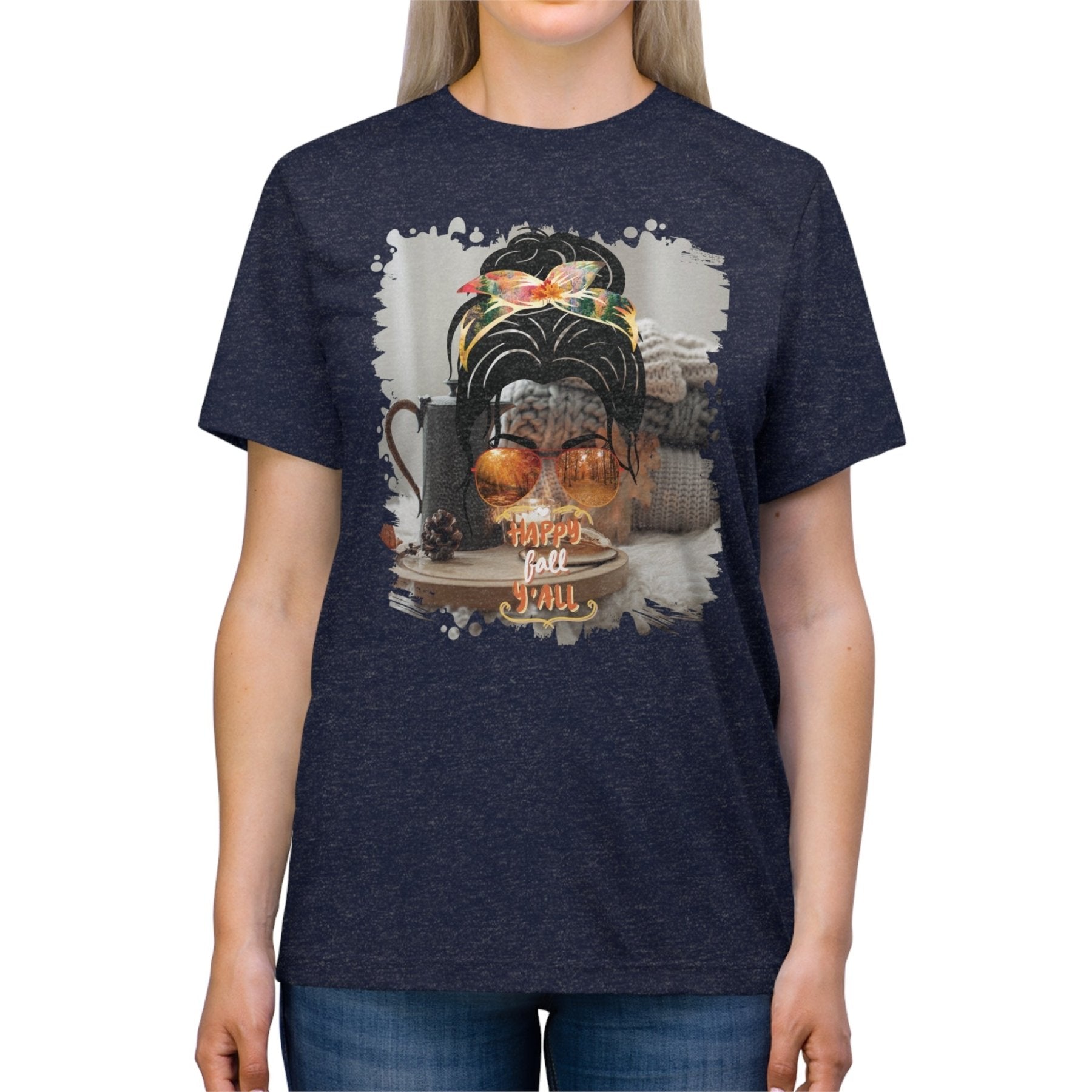 Happy Fall Y'all Fall Sweater, Dark Hair Messy Bun, Unisex Triblend T - Shirt - Janlyn's Crafts