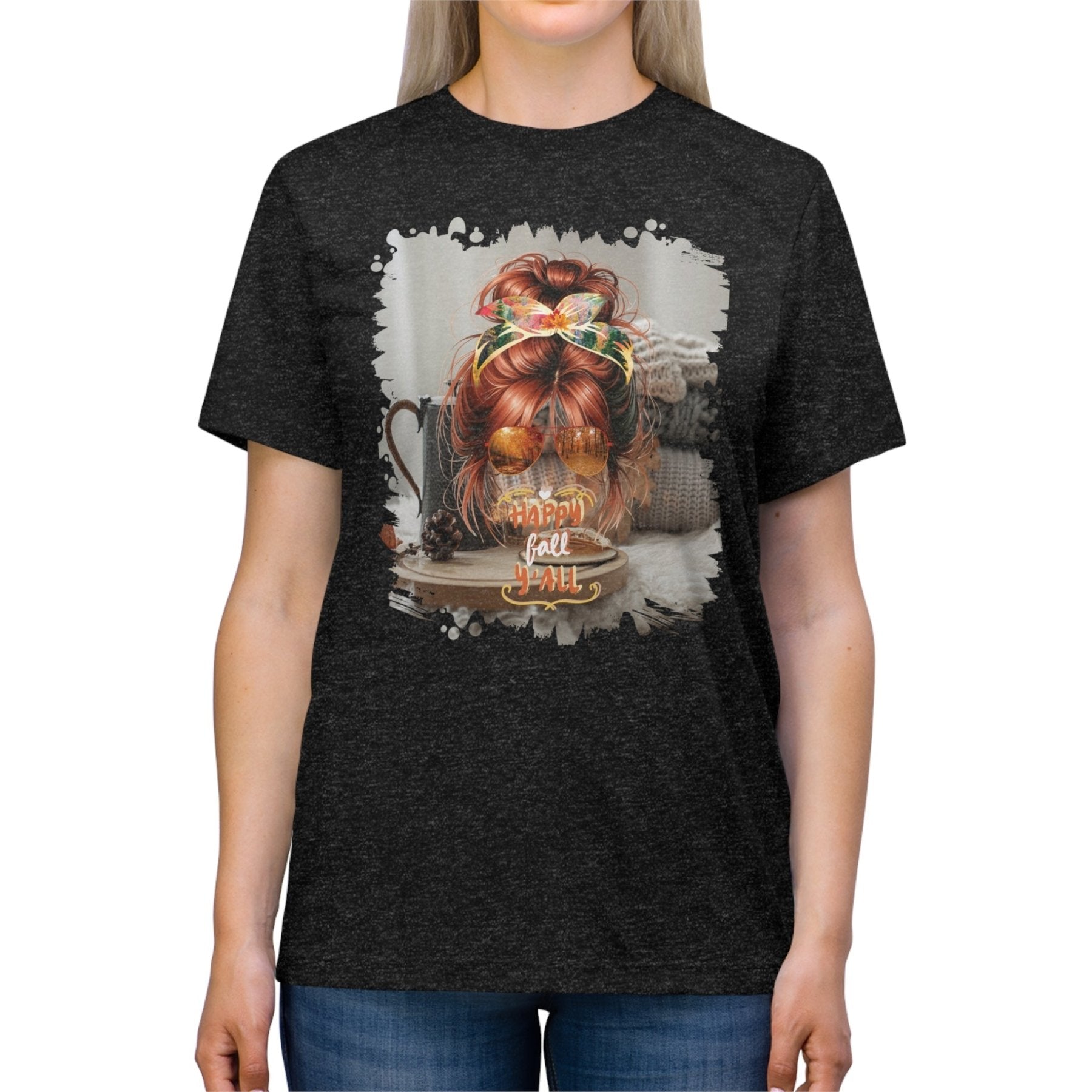 Happy Fall Y'all Fall Sweater, Red Hair Messy Bun, Unisex Triblend T - Shirt - Janlyn's Crafts