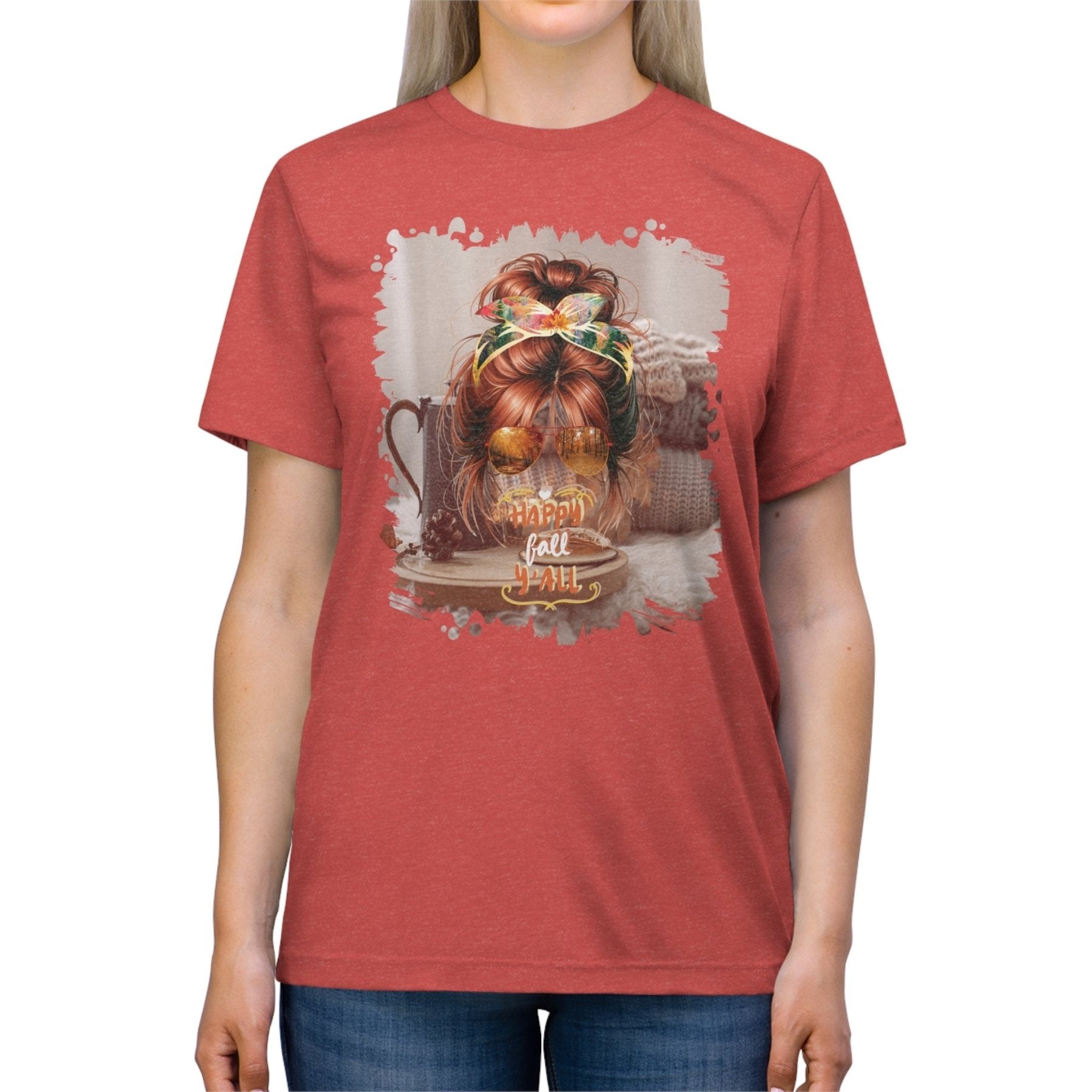 Happy Fall Y'all Fall Sweater, Red Hair Messy Bun, Unisex Triblend T - Shirt - Janlyn's Crafts