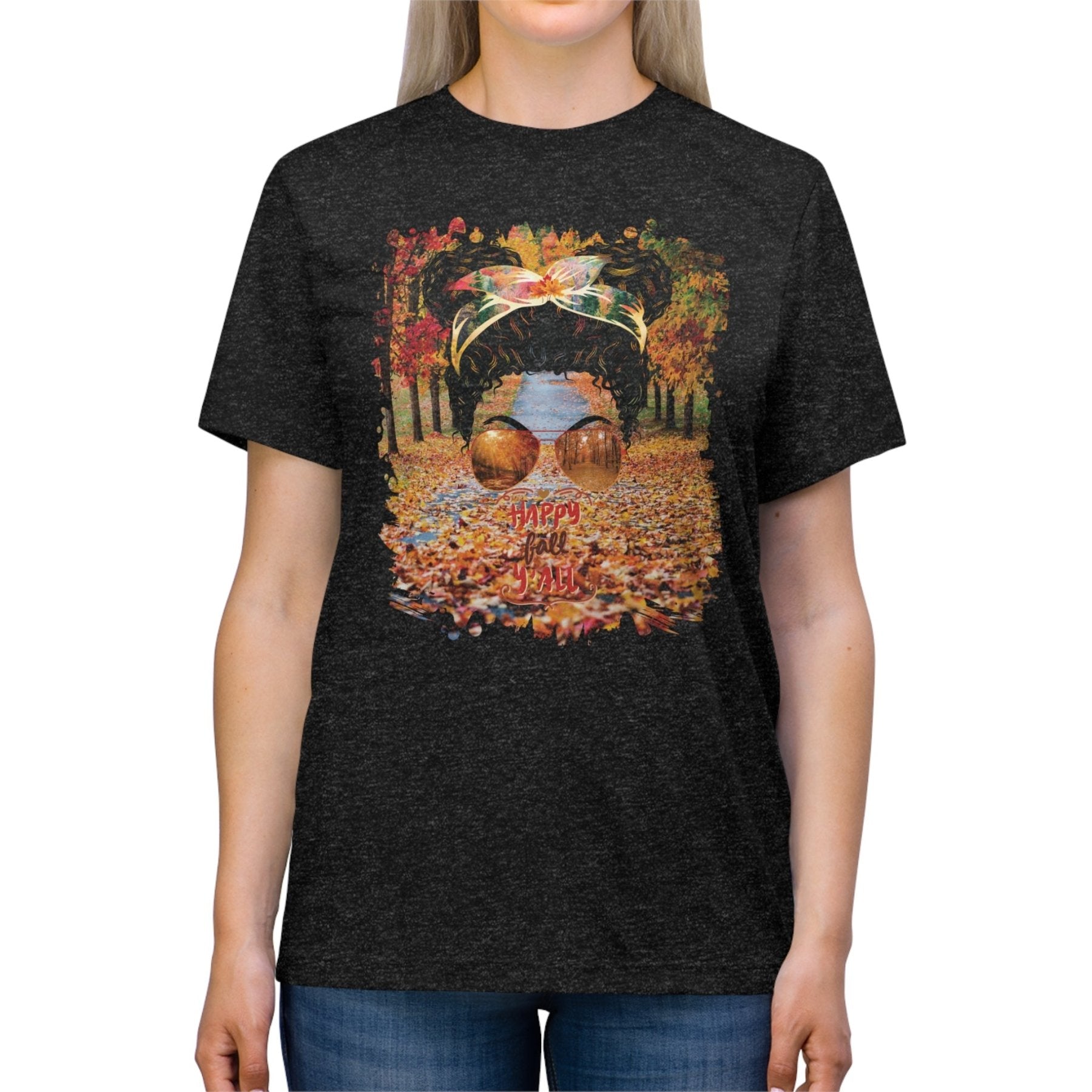 Happy Fall Y'all Fall Trail, Black Hair Messy Bun, Unisex Triblend T - Shirt - Janlyn's Crafts