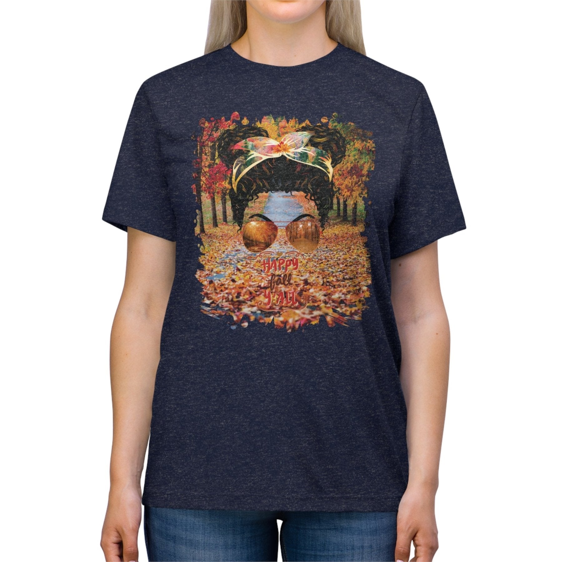 Happy Fall Y'all Fall Trail, Black Hair Messy Bun, Unisex Triblend T - Shirt - Janlyn's Crafts