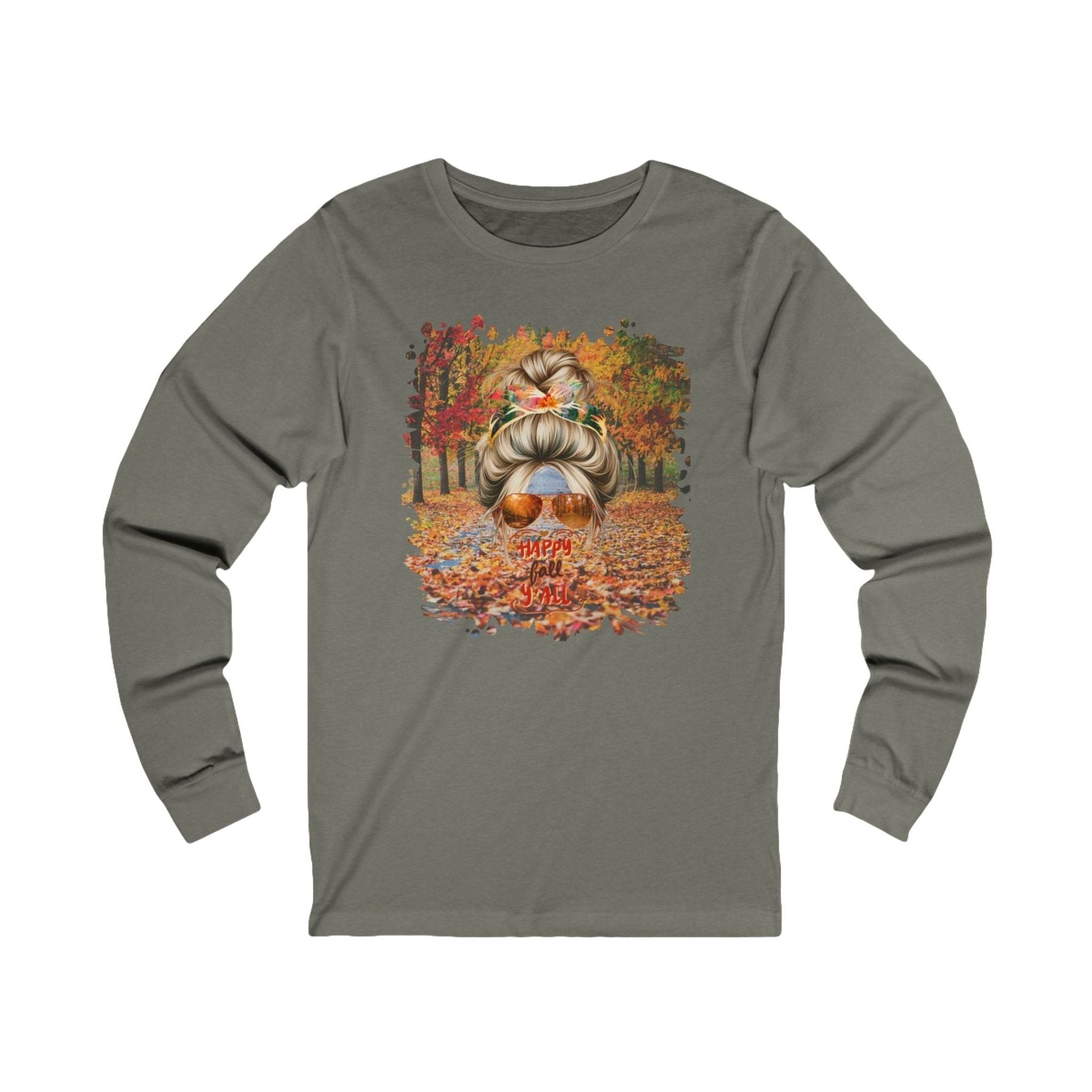 Happy Fall Y'all Fall Trail, Blond Hair Messy Bun, Unisex Jersey Long Sleeve Tee - Janlyn's Crafts