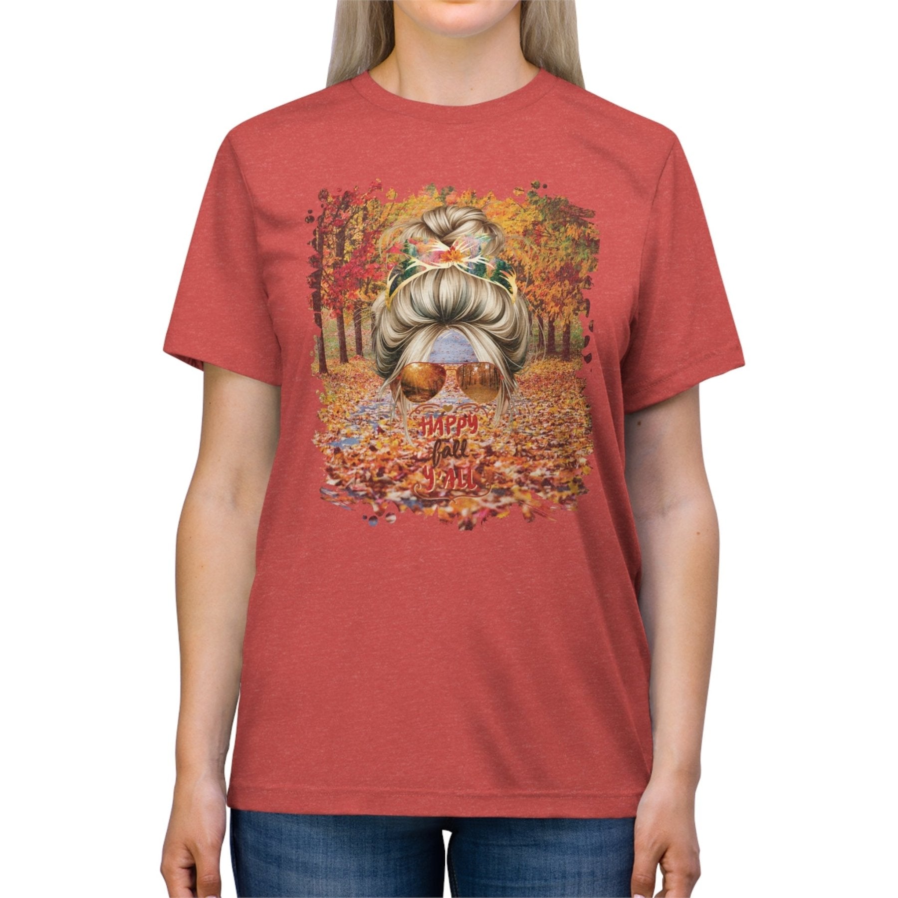 Happy Fall Y'all Fall Trail, Blond Hair Messy Bun, Unisex Triblend T - Shirt - Janlyn's Crafts