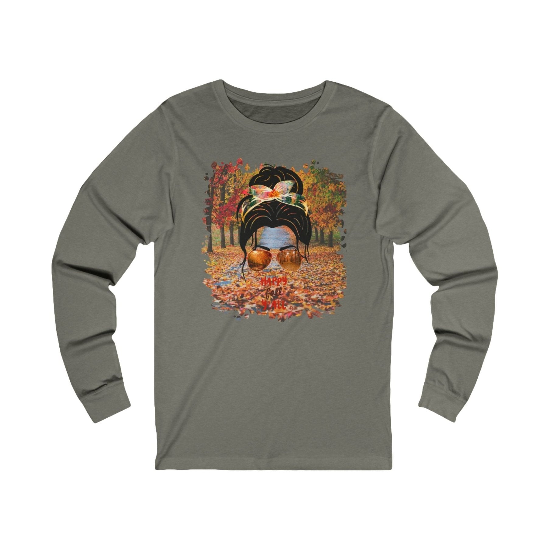 Happy Fall Y'all Fall Trail, Dark Hair Messy Bun, Unisex Jersey Long Sleeve Tee - Janlyn's Crafts