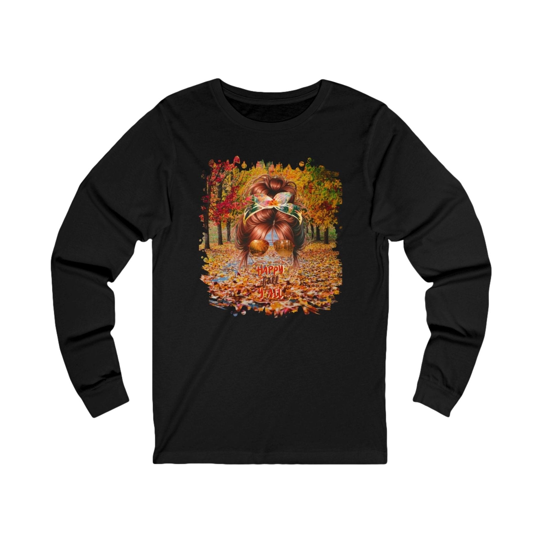 Happy Fall Y'all Fall Trail, Red Hair Messy Bun, Unisex Jersey Long Sleeve Tee - Janlyn's Crafts