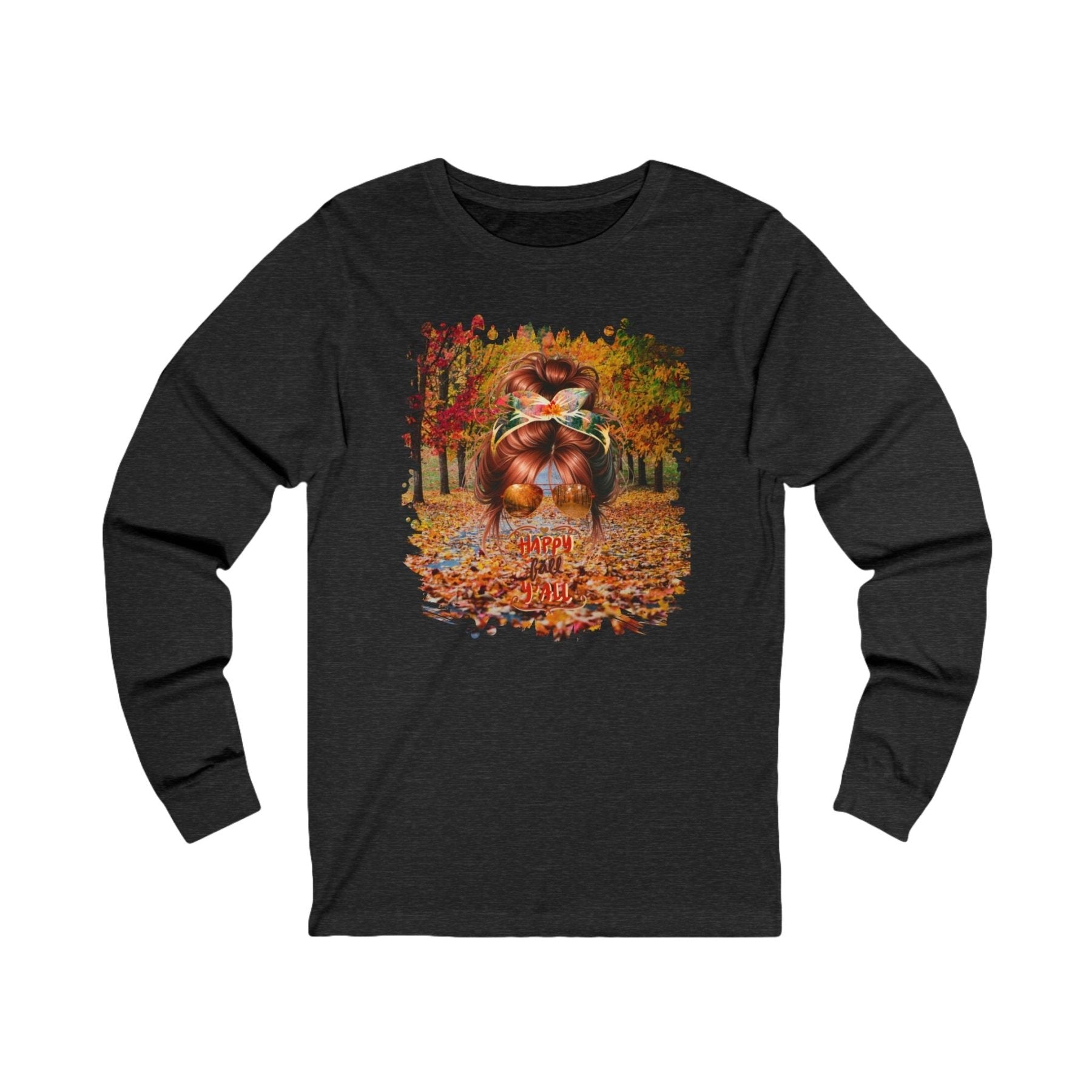 Happy Fall Y'all Fall Trail, Red Hair Messy Bun, Unisex Jersey Long Sleeve Tee - Janlyn's Crafts