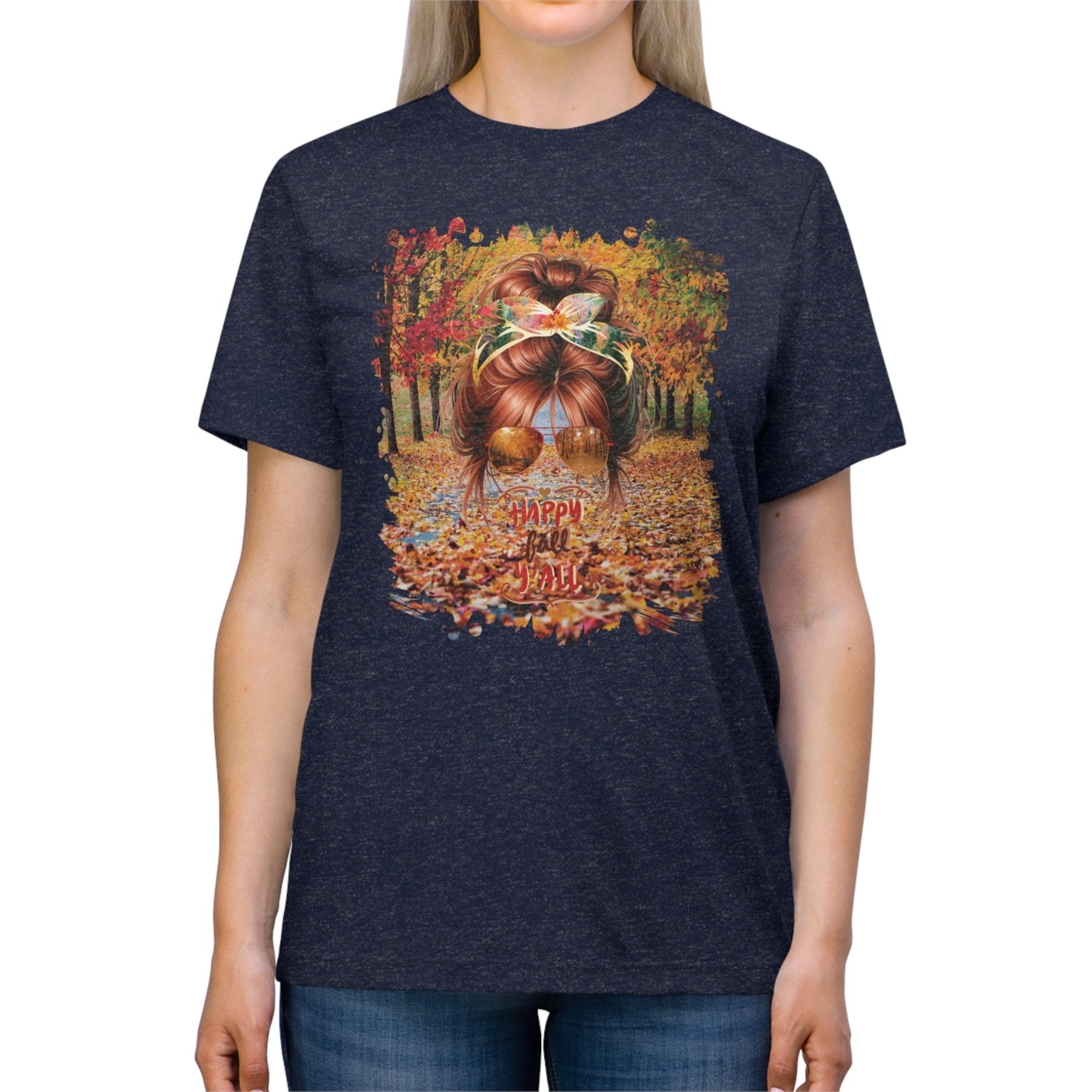 Happy Fall Y'all Fall Trail, Red Hair Messy Bun, Unisex Triblend T - Shirt - Janlyn's Crafts