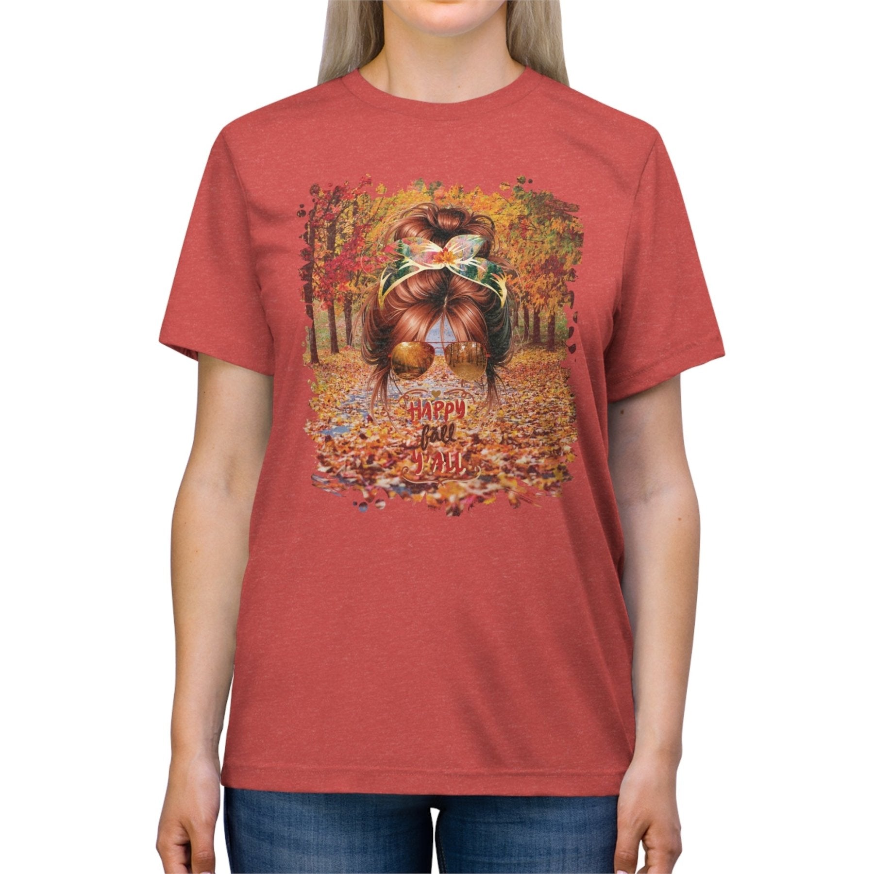 Happy Fall Y'all Fall Trail, Red Hair Messy Bun, Unisex Triblend T - Shirt - Janlyn's Crafts