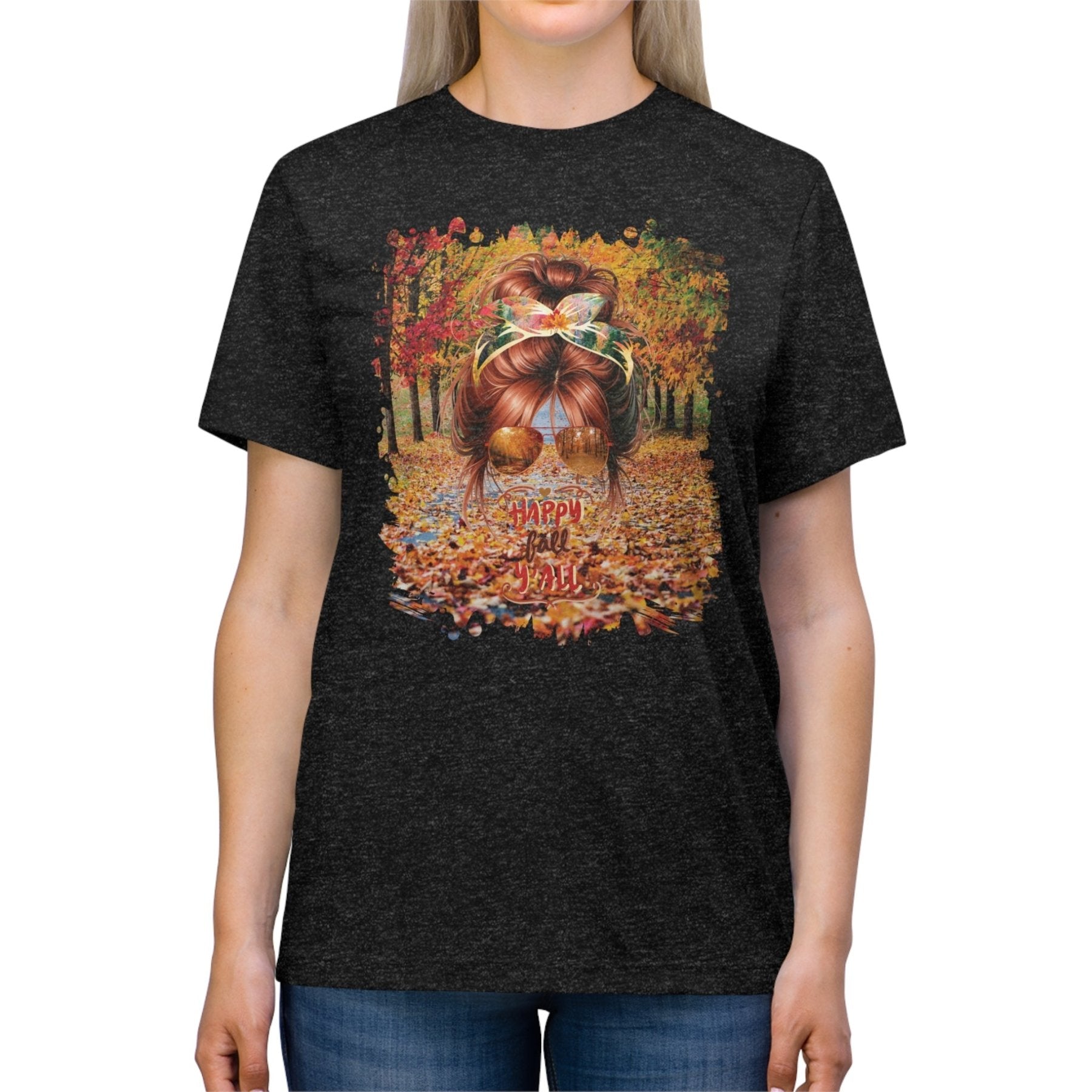 Happy Fall Y'all Fall Trail, Red Hair Messy Bun, Unisex Triblend T - Shirt - Janlyn's Crafts