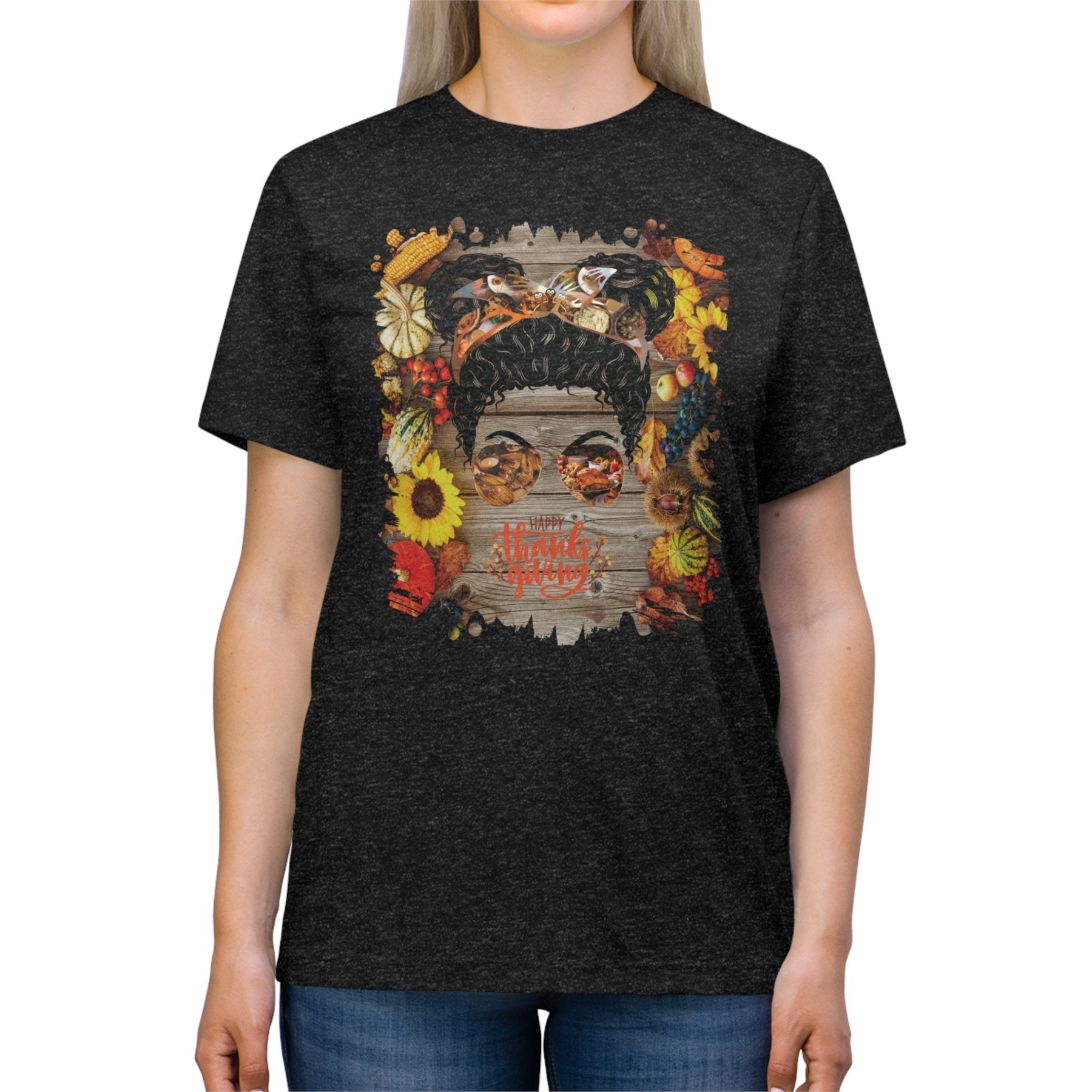 Happy Thanksgiving Decorated Background, Black Hair Messy Bun, Unisex Triblend T - Shirt - Janlyn's Crafts