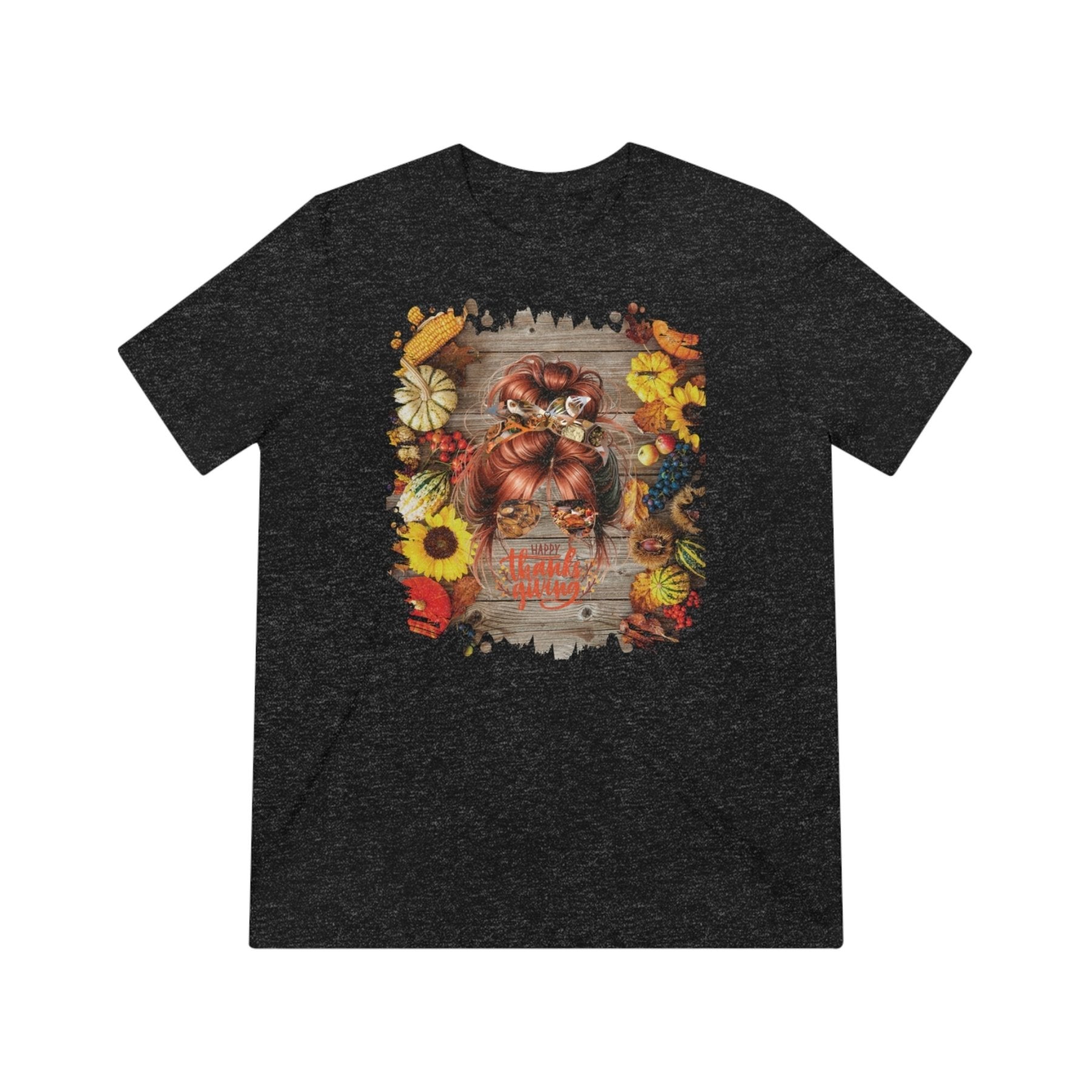 Happy Thanksgiving Decorated Background, Red Hair Messy Bun, Unisex Triblend T - Shirt - Janlyn's Crafts