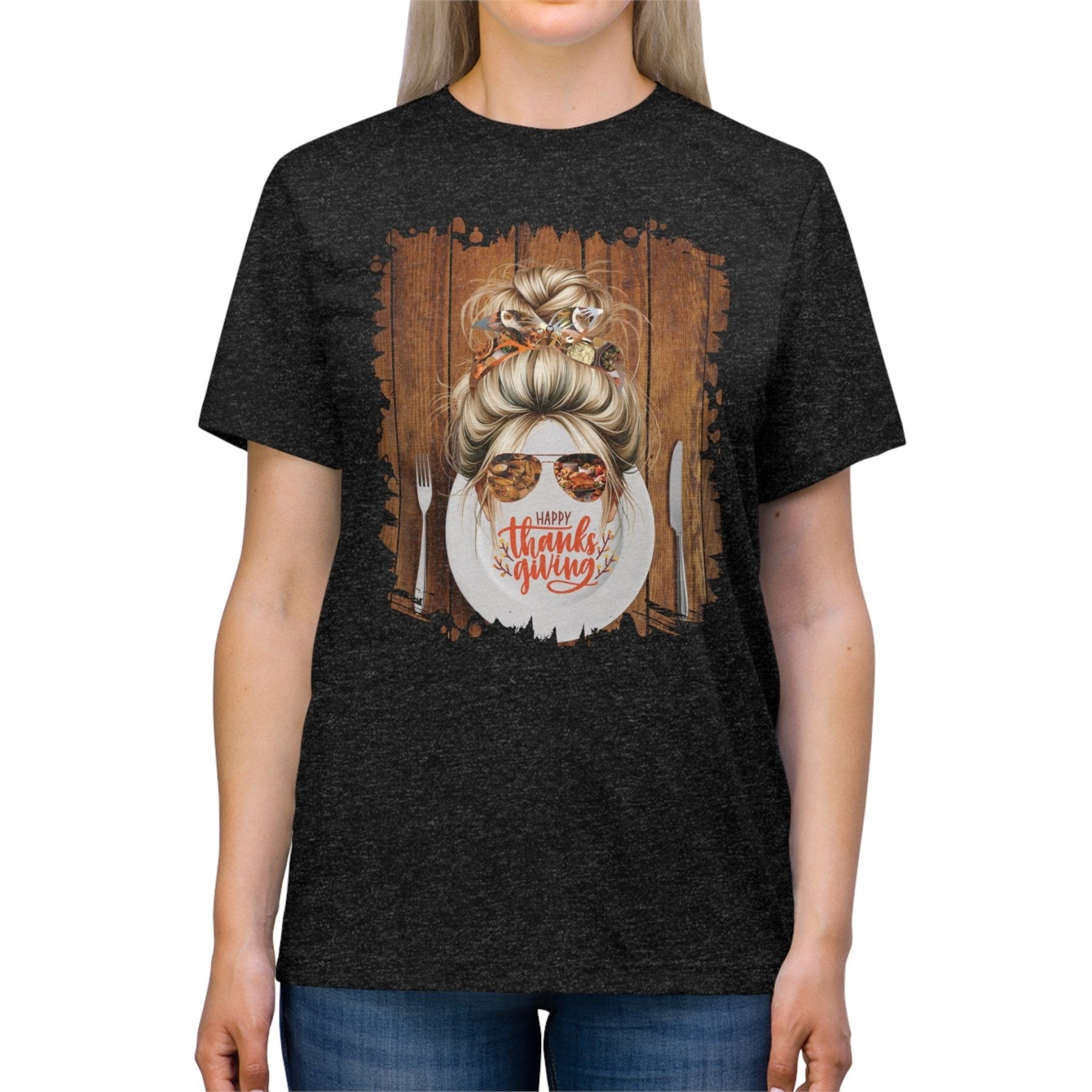 Happy Thanksgiving Plate Setting, Blond Hair Messy Bun, Unisex Triblend T - Shirt - Janlyn's Crafts