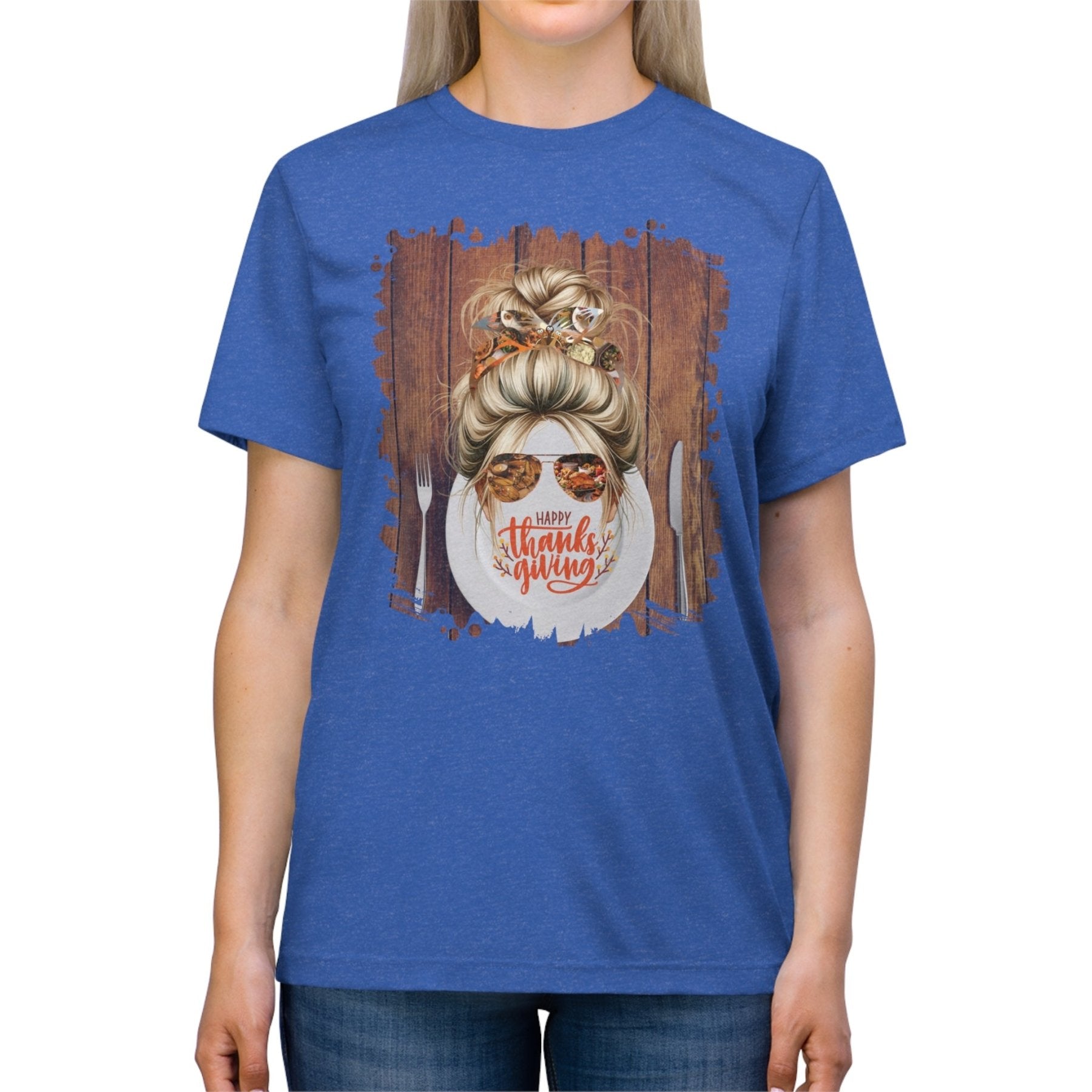 Happy Thanksgiving Plate Setting, Blond Hair Messy Bun, Unisex Triblend T - Shirt - Janlyn's Crafts