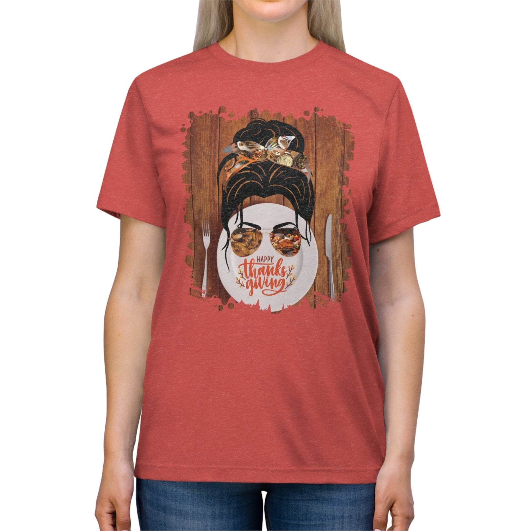 Happy Thanksgiving Plate Setting, Dark Hair Messy Bun, Unisex Triblend T - Shirt - Janlyn's Crafts