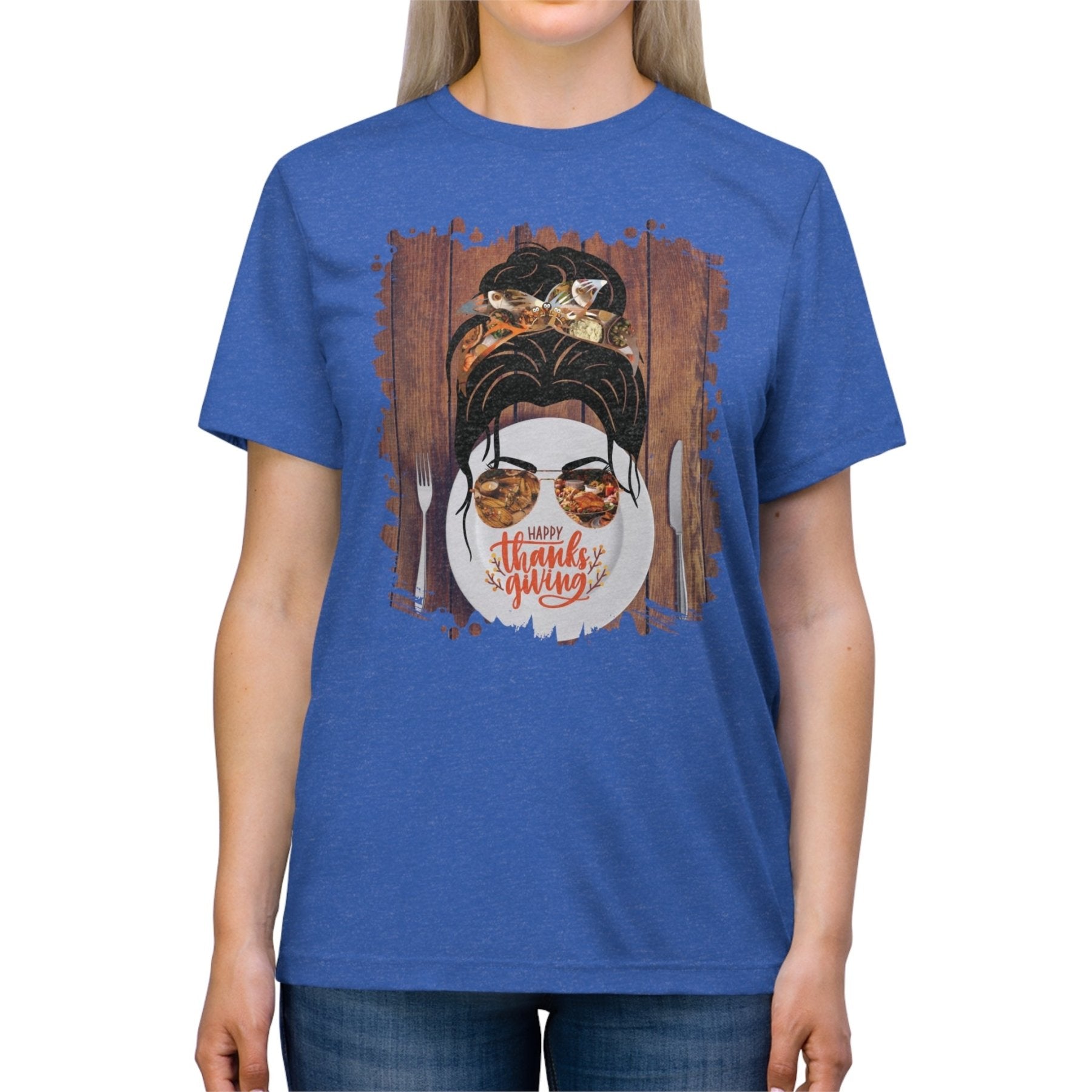 Happy Thanksgiving Plate Setting, Dark Hair Messy Bun, Unisex Triblend T - Shirt - Janlyn's Crafts