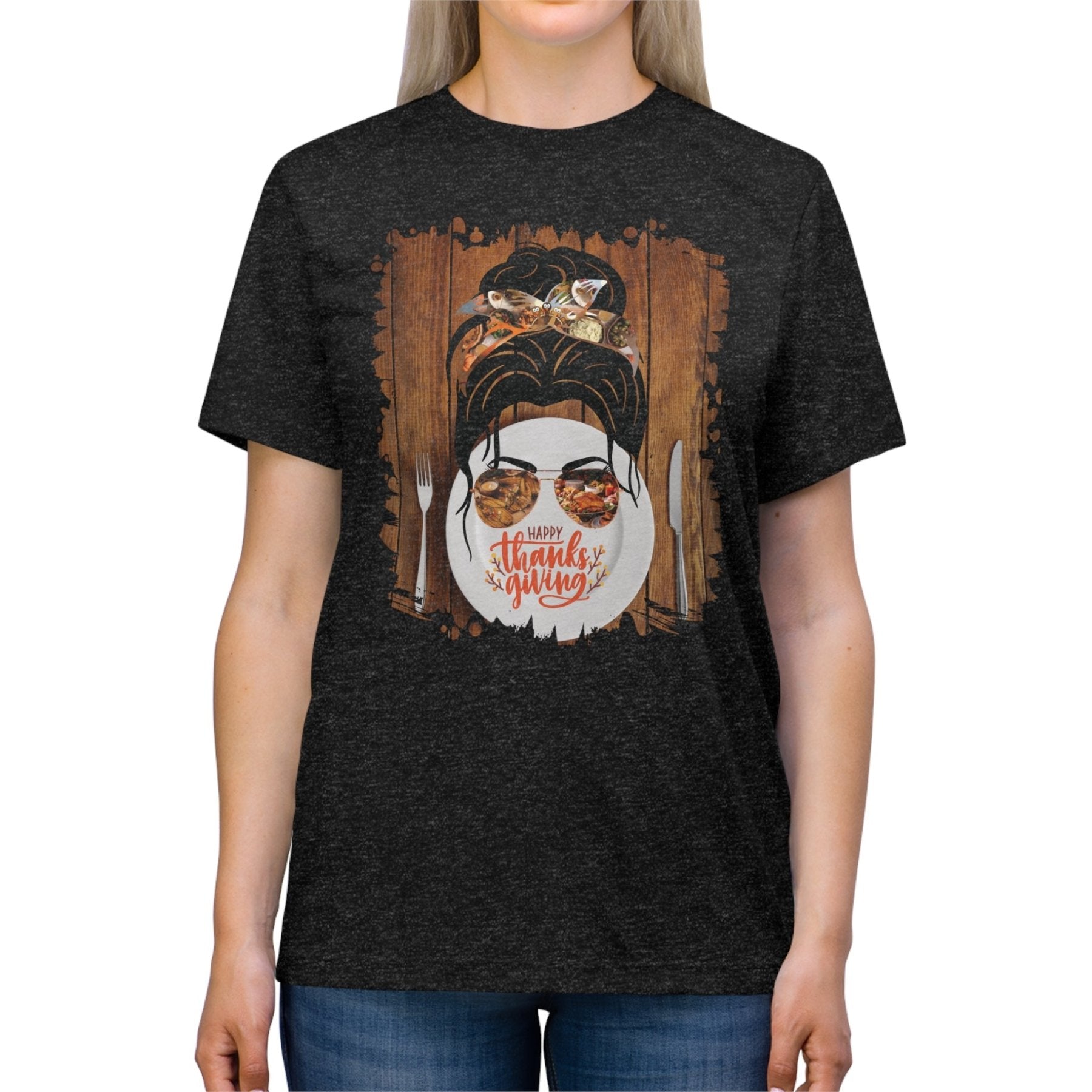 Happy Thanksgiving Plate Setting, Dark Hair Messy Bun, Unisex Triblend T - Shirt - Janlyn's Crafts