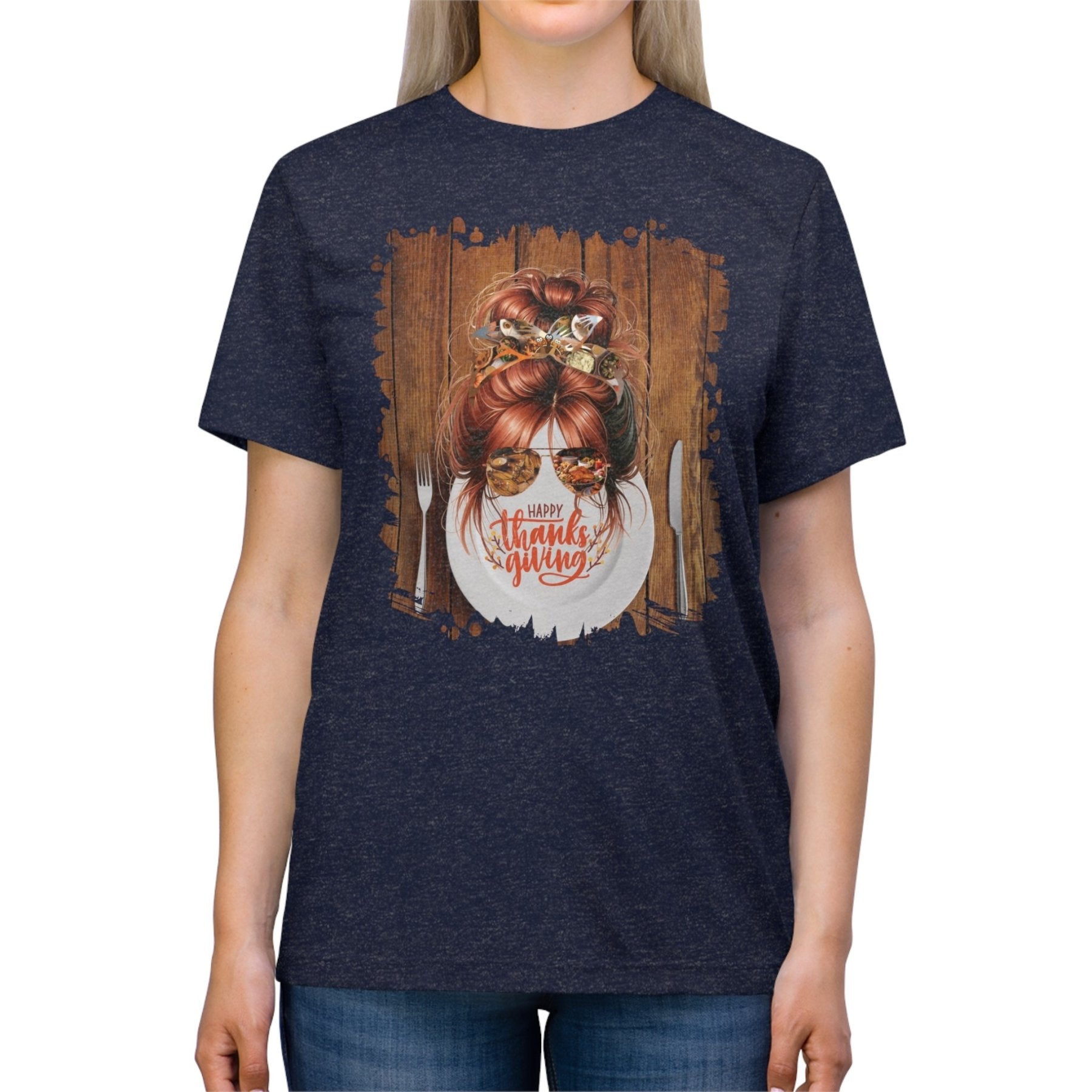 Happy Thanksgiving Plate Setting, Red Hair Messy Bun, Unisex Triblend T - Shirt - Janlyn's Crafts